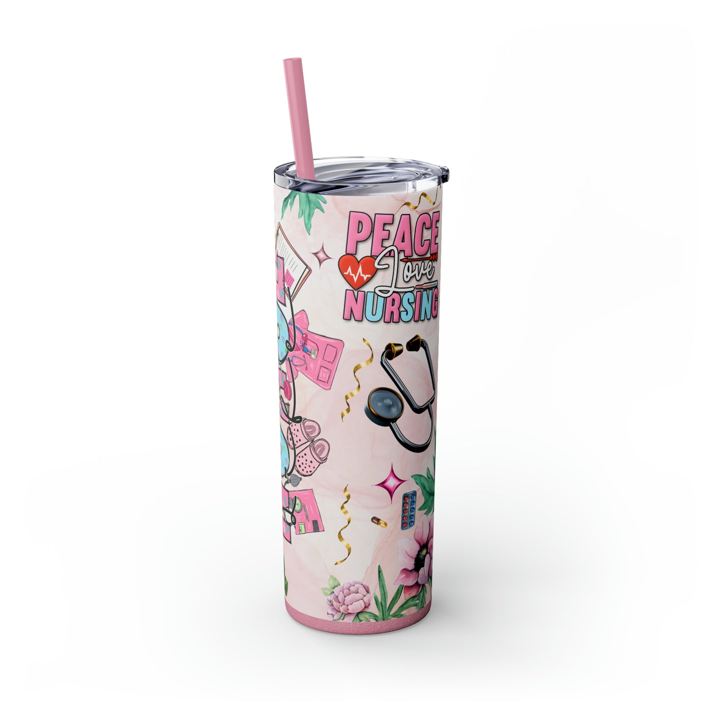 Nurturing Hearts: Peace, Love, and Nursing 20oz Skinny Tumbler with Straw