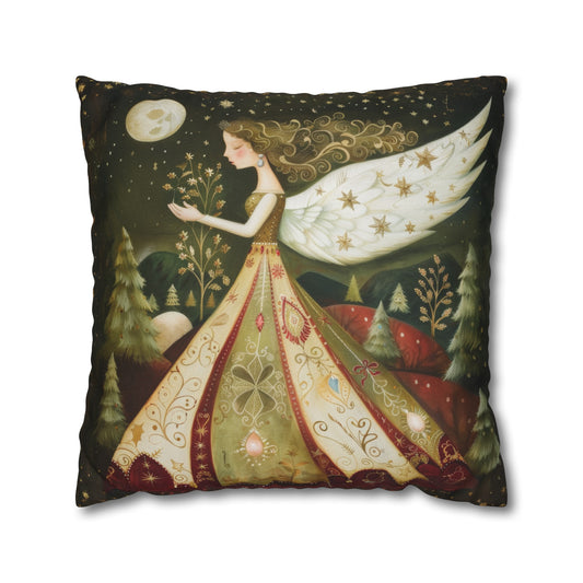 Angel in Folk Art Design Dress Amidst the Twinkling Stars Spun Polyester Square Pillowcase 4 Sizes