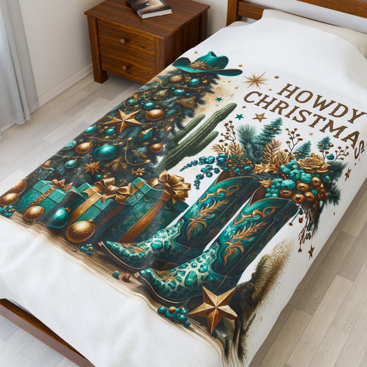 Country Western Howdy Christmas Green and Gold Sparkle Velveteen Plush Blanket 3 Sizes