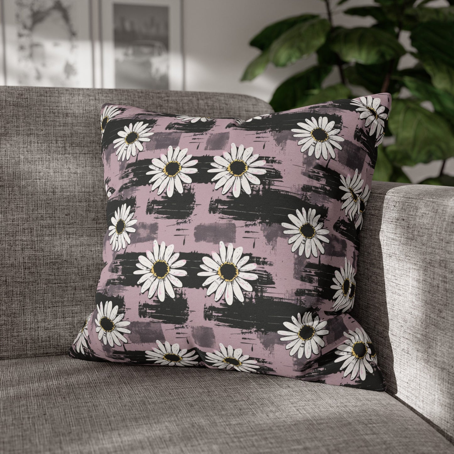 Edgy Daisy Dream with Pink and Black Grunge Spun Polyester Square Pillowcase 4 Sizes