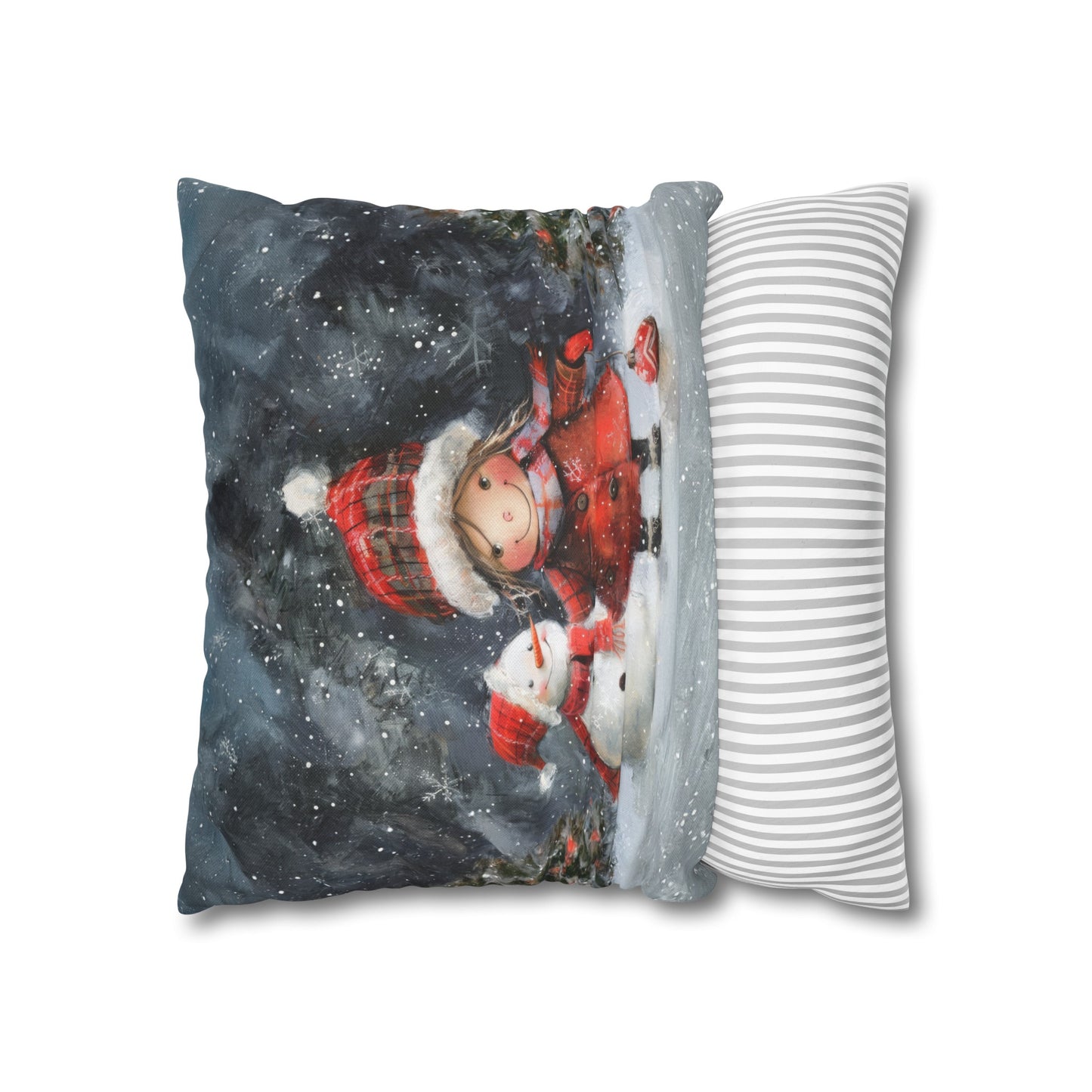 Frosty Friends: Little Girl Standing with Snowman on a Snowy Night Spun Polyester Square Pillowcase 4 Sizes