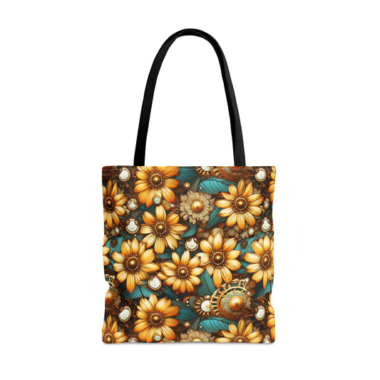 Victorian Steampunk Gold Flowers Teal Background with Gears and Mechanical Elements - Canvas Tote 3 Sizes