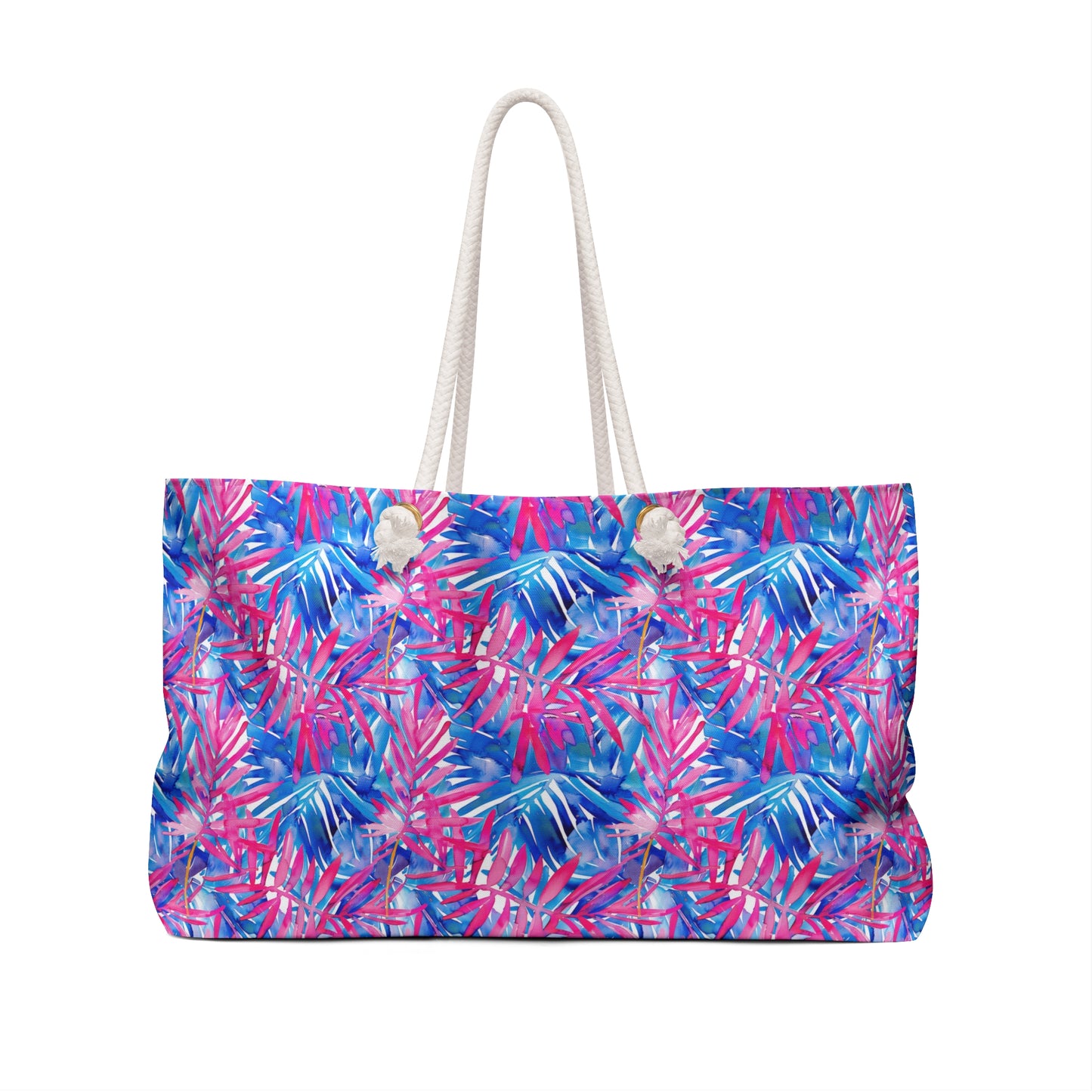 Tropical Harmony Blue and Dark Pink Palm Tree Leaves Oversized Weekender Bag