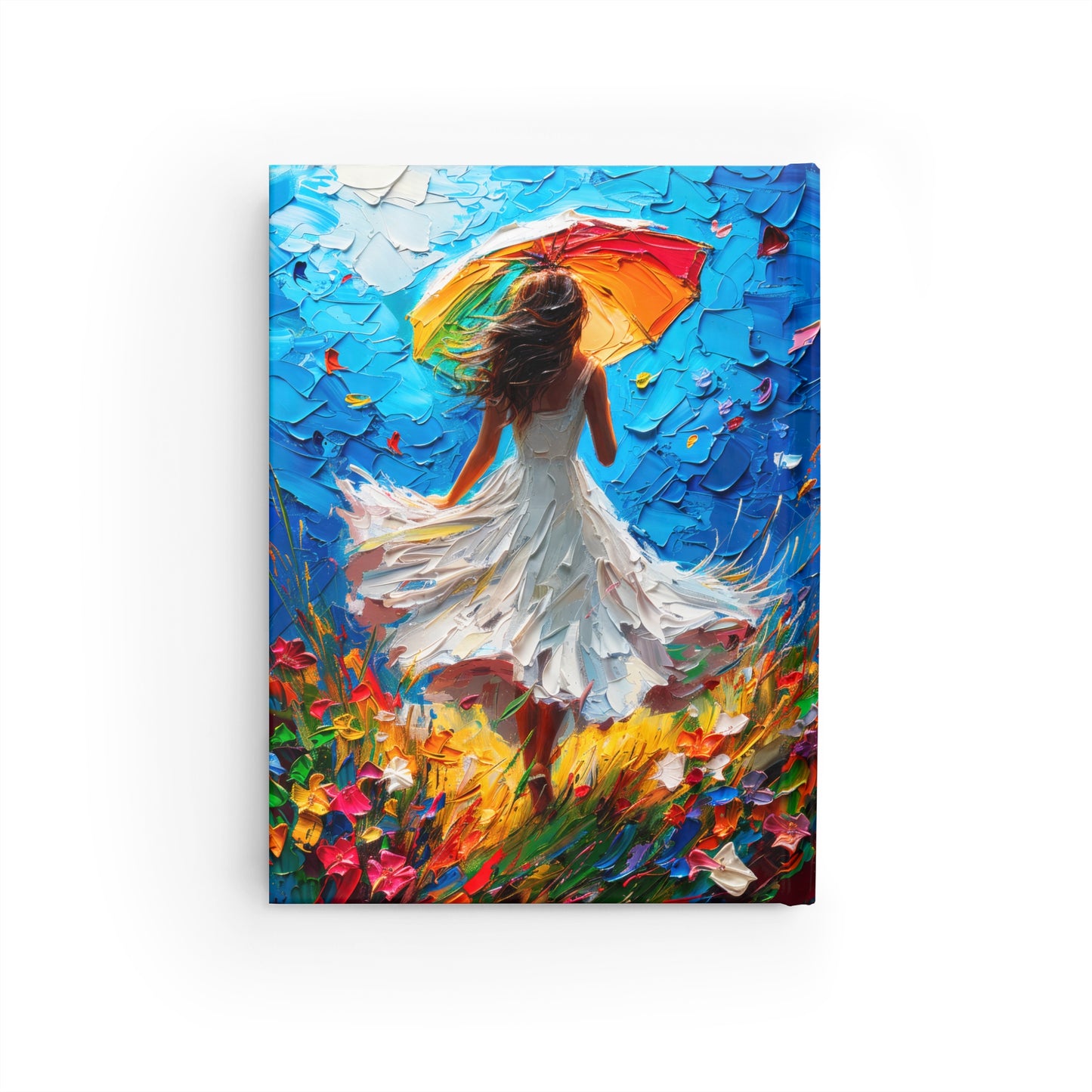 Spring Sunshine Women Swirling in White Dress in Field of Flowers Hard Cover Journal - Ruled Line