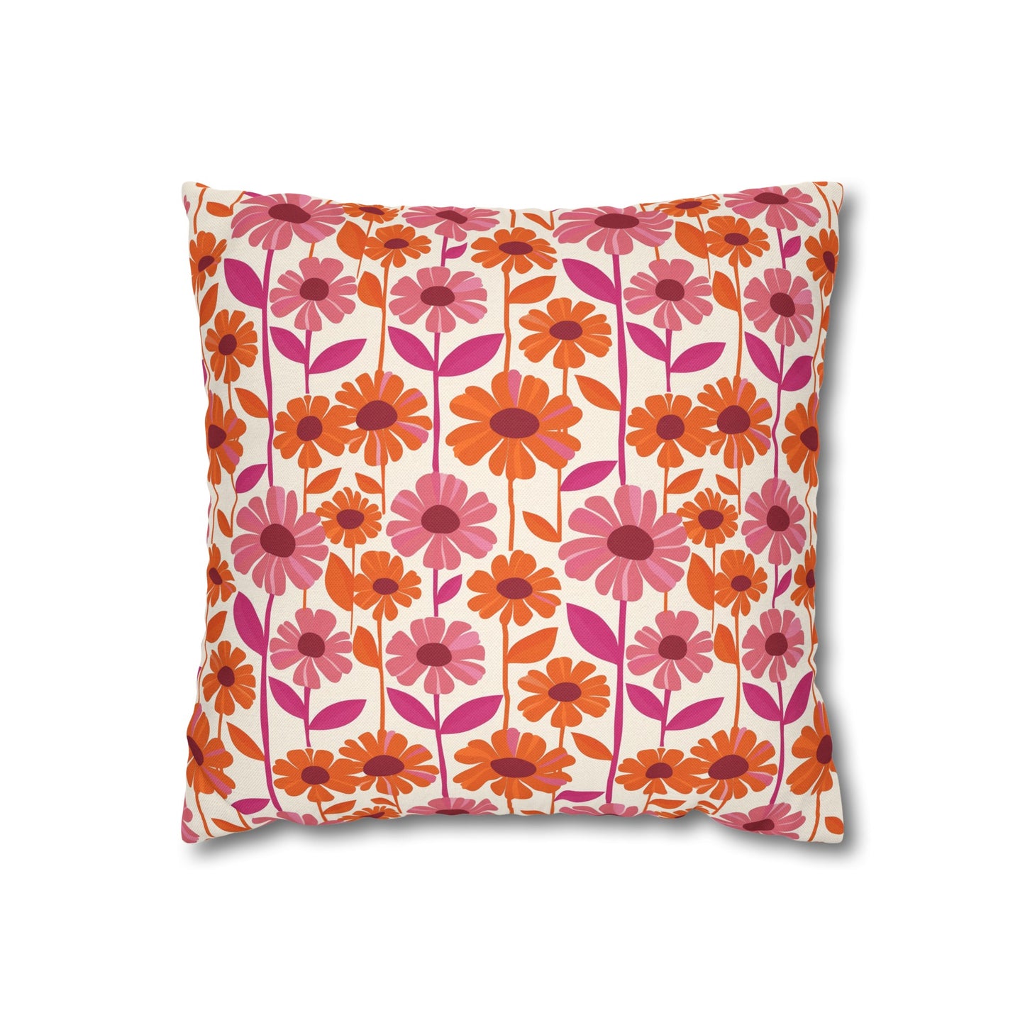 Retro Floral Bliss with Bold Pink and Orange Flower Design Spun Polyester Square Pillowcase 4 Sizes