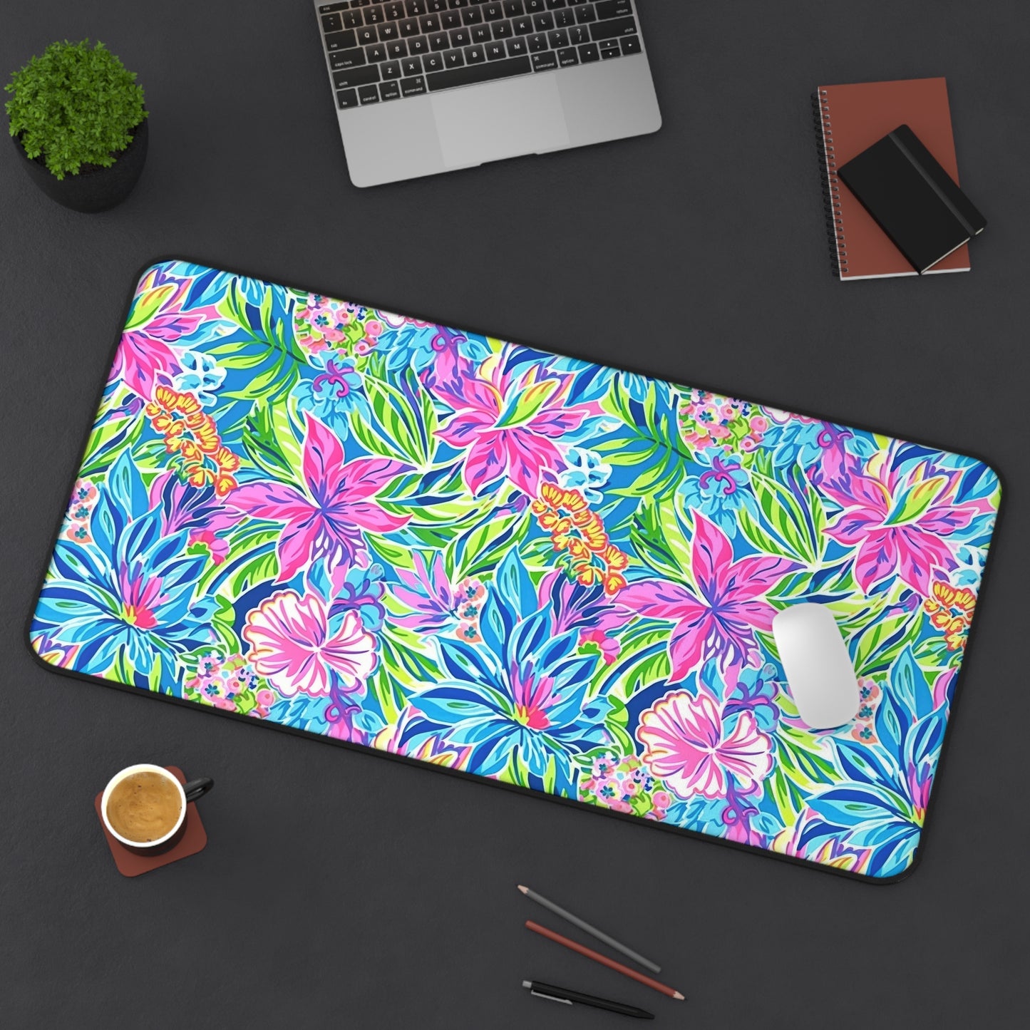 Summer Harmony: Pink and Blue Blooms with Lush Green Leaves  Desk Mat Extended Gaming Mouse Pad - 3 Sizes