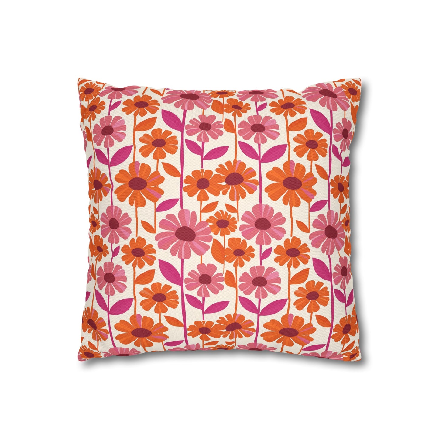 Retro Floral Bliss with Bold Pink and Orange Flower Design Spun Polyester Square Pillowcase 4 Sizes