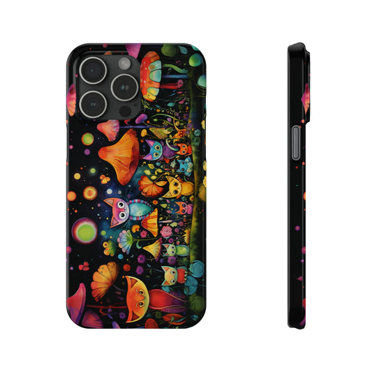 Mystical Cats Amidst a Garden of Flowers and Mushrooms, Beneath a Starry Sky Iphone 15-12 Slim Phone Case