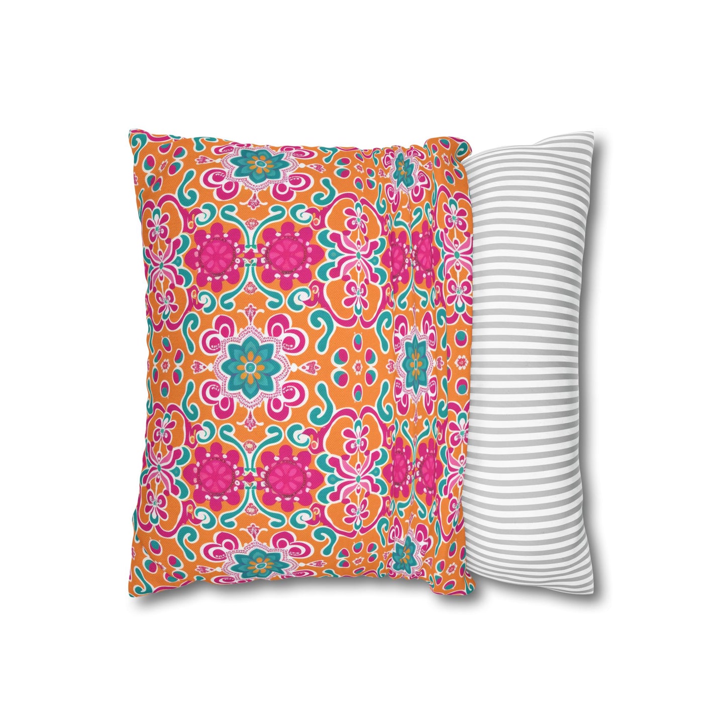 Kaleidoscope of Warm Tangerine, Lush Teal, and Lively Pink Blooms Polyester Square Pillowcase 4 Sizes