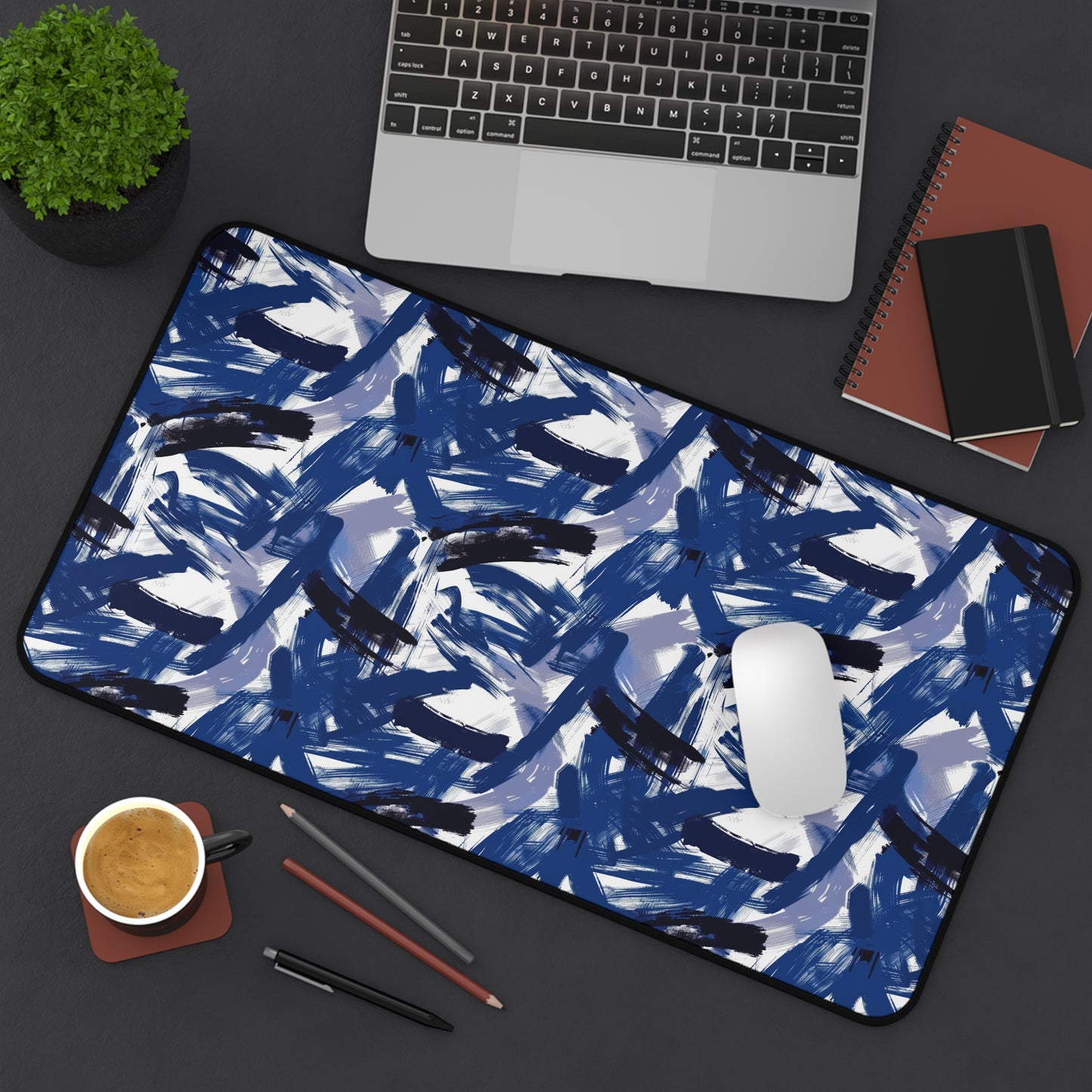 Midnight Frenzy Bold Abstract Brush Strokes in Shades of Deep Blue and White Gaming Mouse Pad  Desk Mat  - 3 Sizes