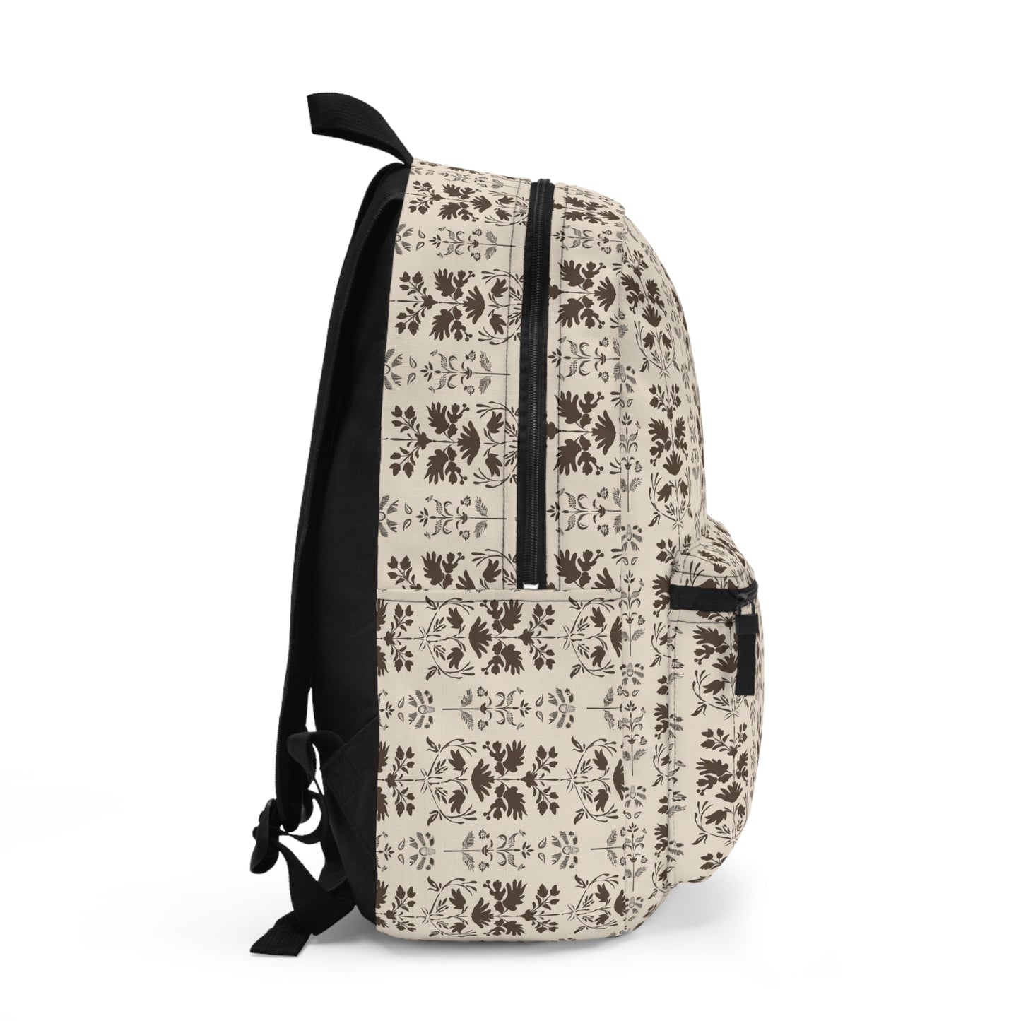 Early American Stencil-Inspired Beige and Brown Floral Pattern Lightweight Stylish Durable Backpack (Made in USA)