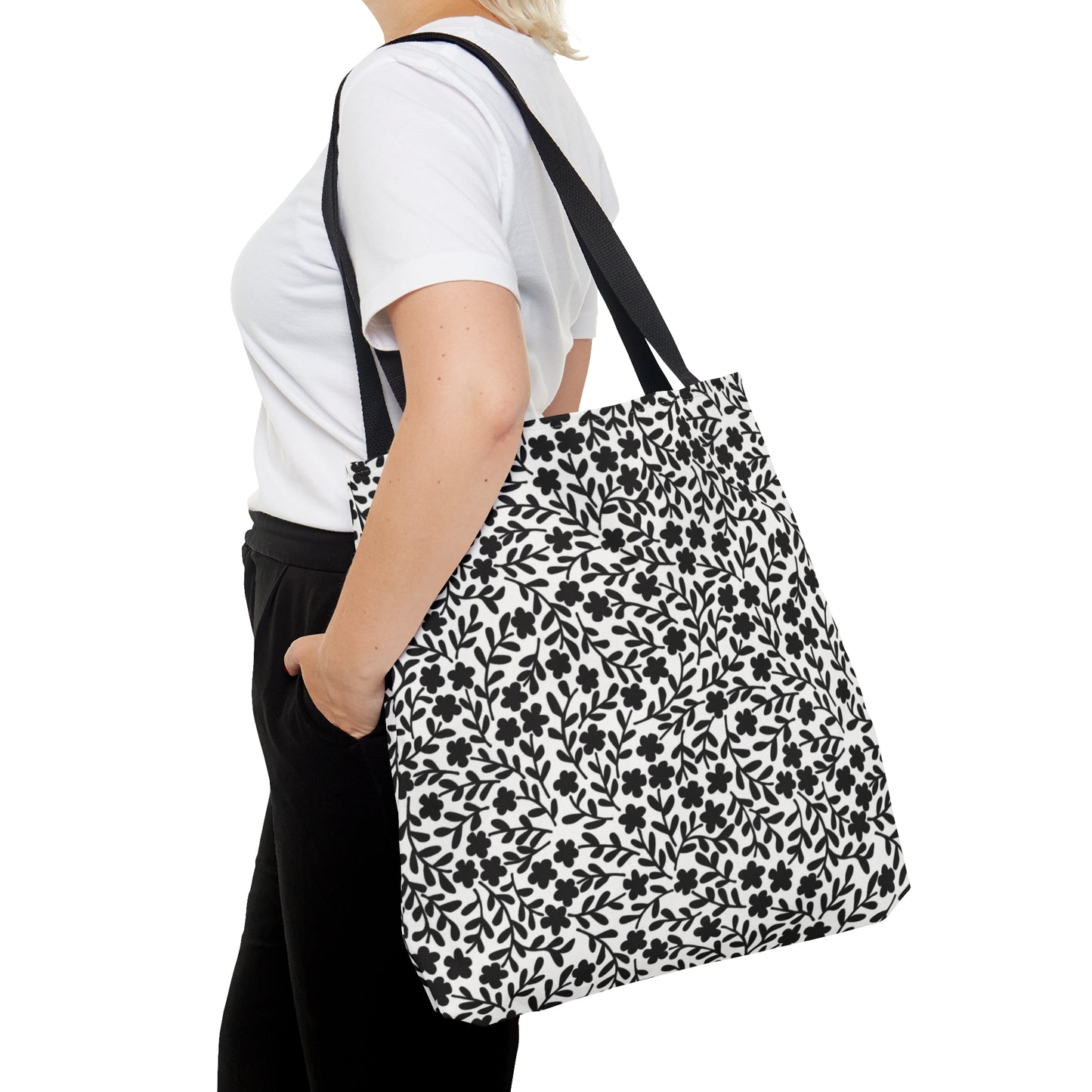 Delicate Simplicity: Tiny Black and White Floral Design - Canvas Tote 3 Sizes