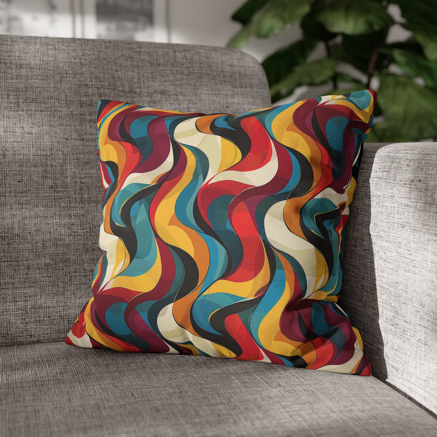 Retro Chic Vintage Blues, Reds and Yellow Waves Spun Polyester Square Pillowcase 4 Sizes