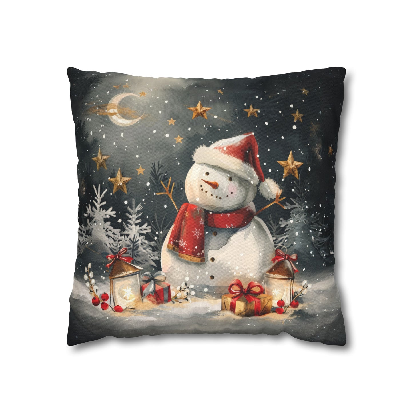 Snowman Beneath a Canopy of Stars, Surrounded by Presents Spun Polyester Square Pillowcase 4 Sizes