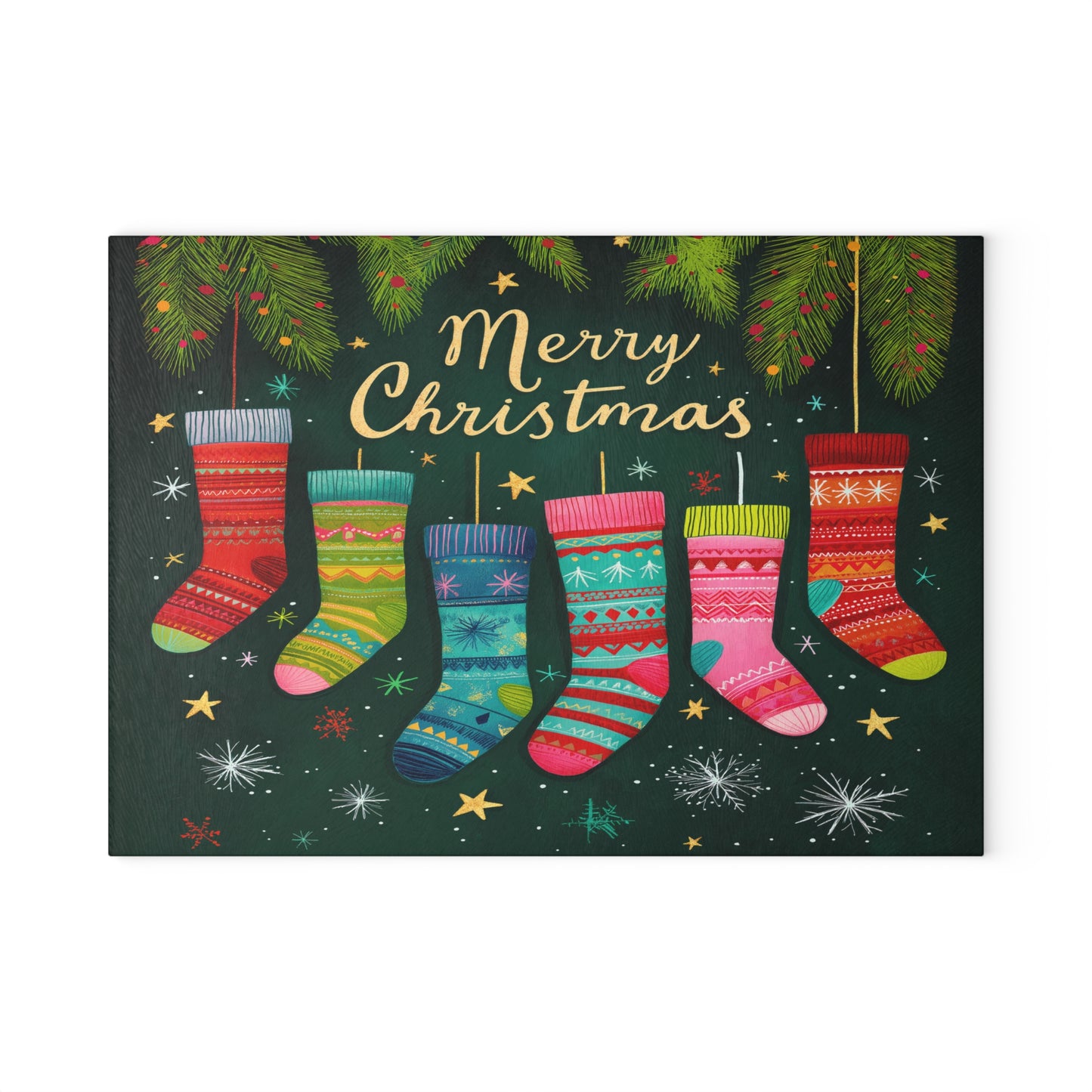 Merry Christmas Stockings Glass Cutting Board, Charcuterie Serving Tray 2 Sizes