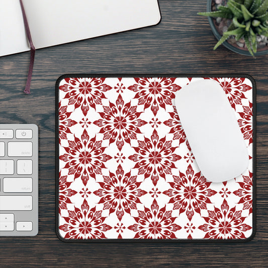 Vintage Radiance Ornate Red and White Floral Burst Pattern Mouse Pad with Finished Edges