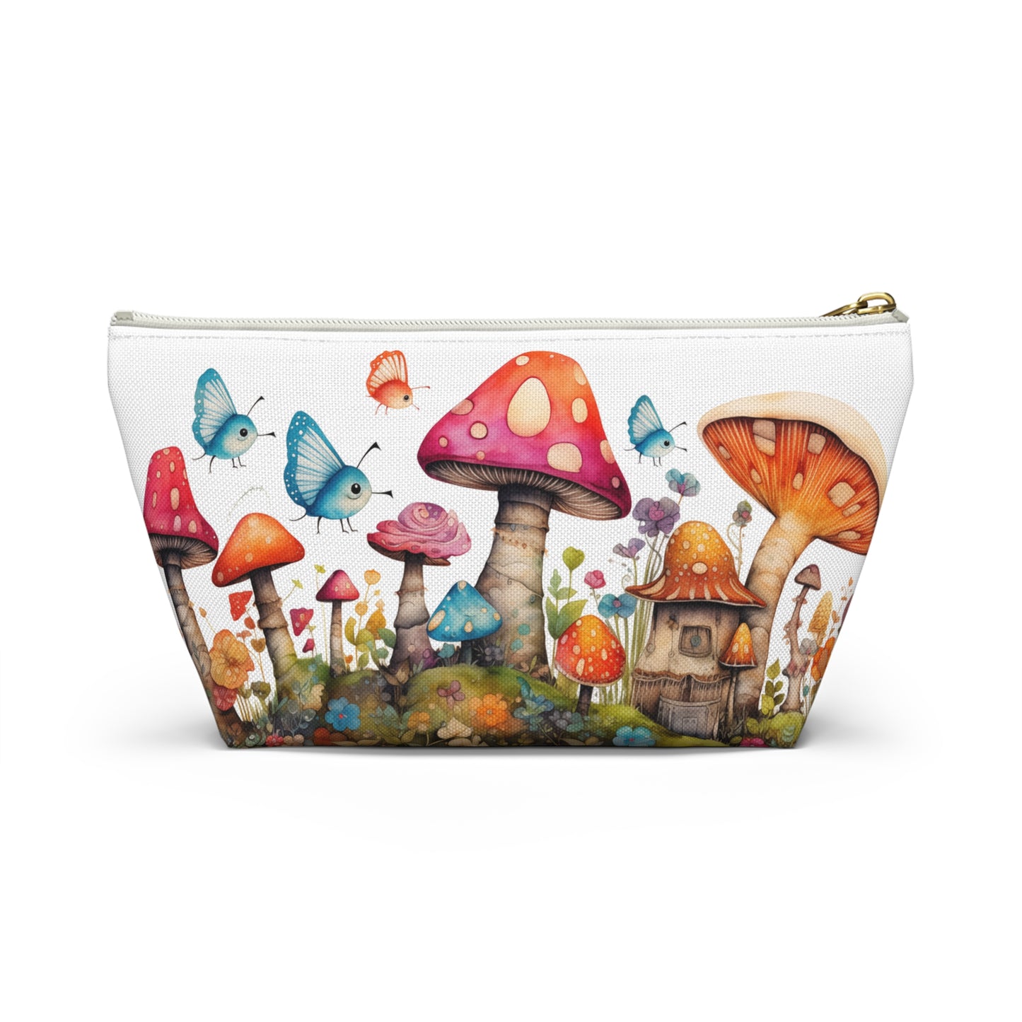 Enchanting Mushroom Cottage Adorned with Butterflies and Toadstools - Makeup & Accessory Bag 2 Sizes