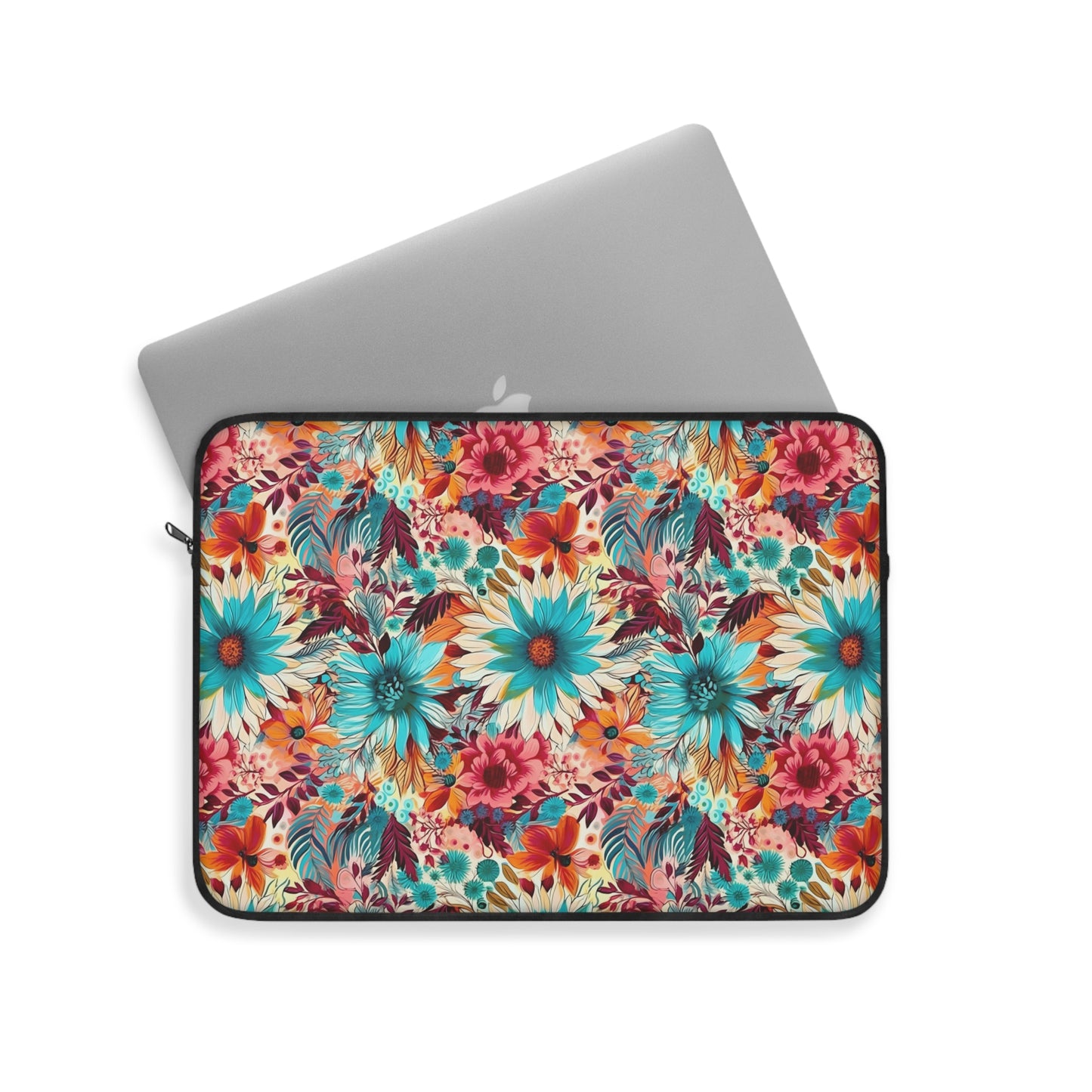 Floral Explosion of Pinks, Teals and Oranges on a Soft Cream Canvas Laptop or Ipad Protective Sleeve 3 Sizes Available