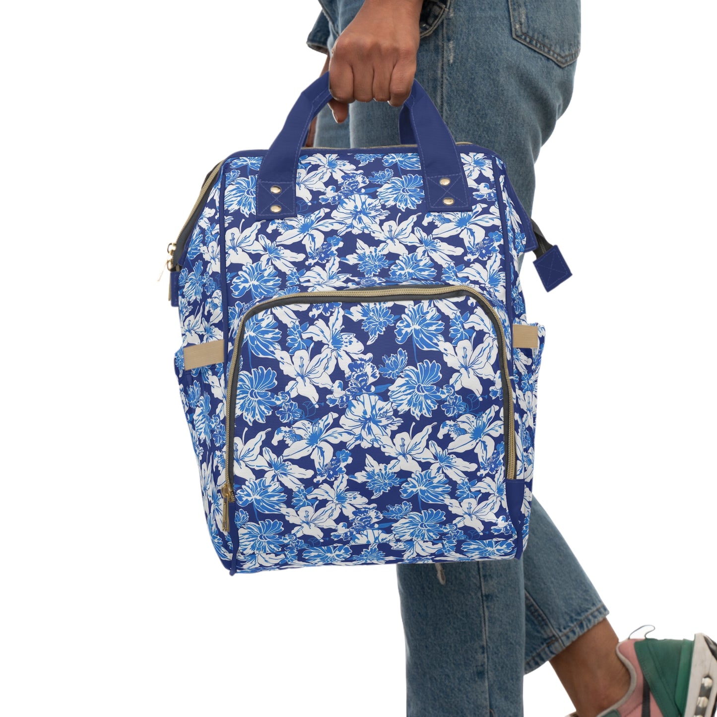 Oceanic Bloom: Watercolor Tropical Flowers in White and Blue against a Deep Blue Background Multifunctional Diaper Backpack