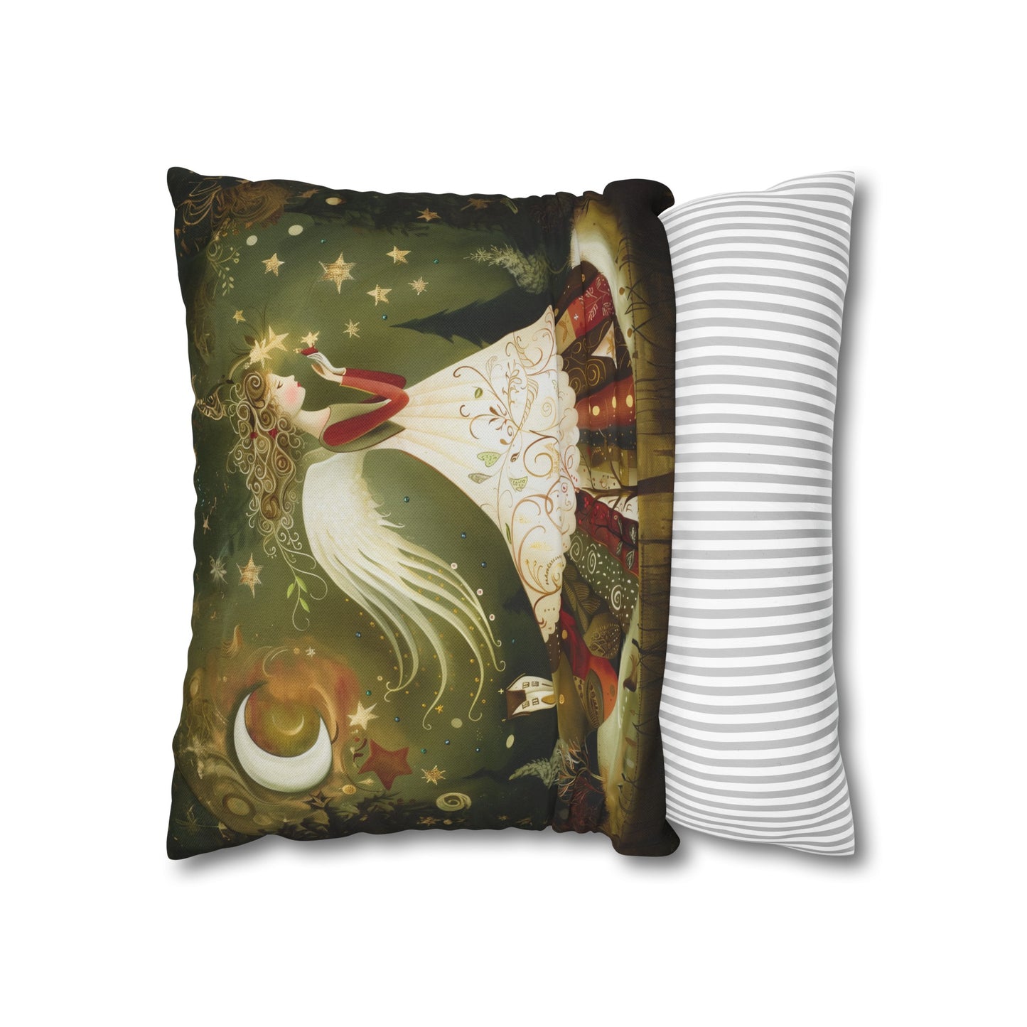 Christmas Angel in Tapestry Dress Amidst a Starlit Forest Spun Polyester Square Pillowcase 4 Sizes