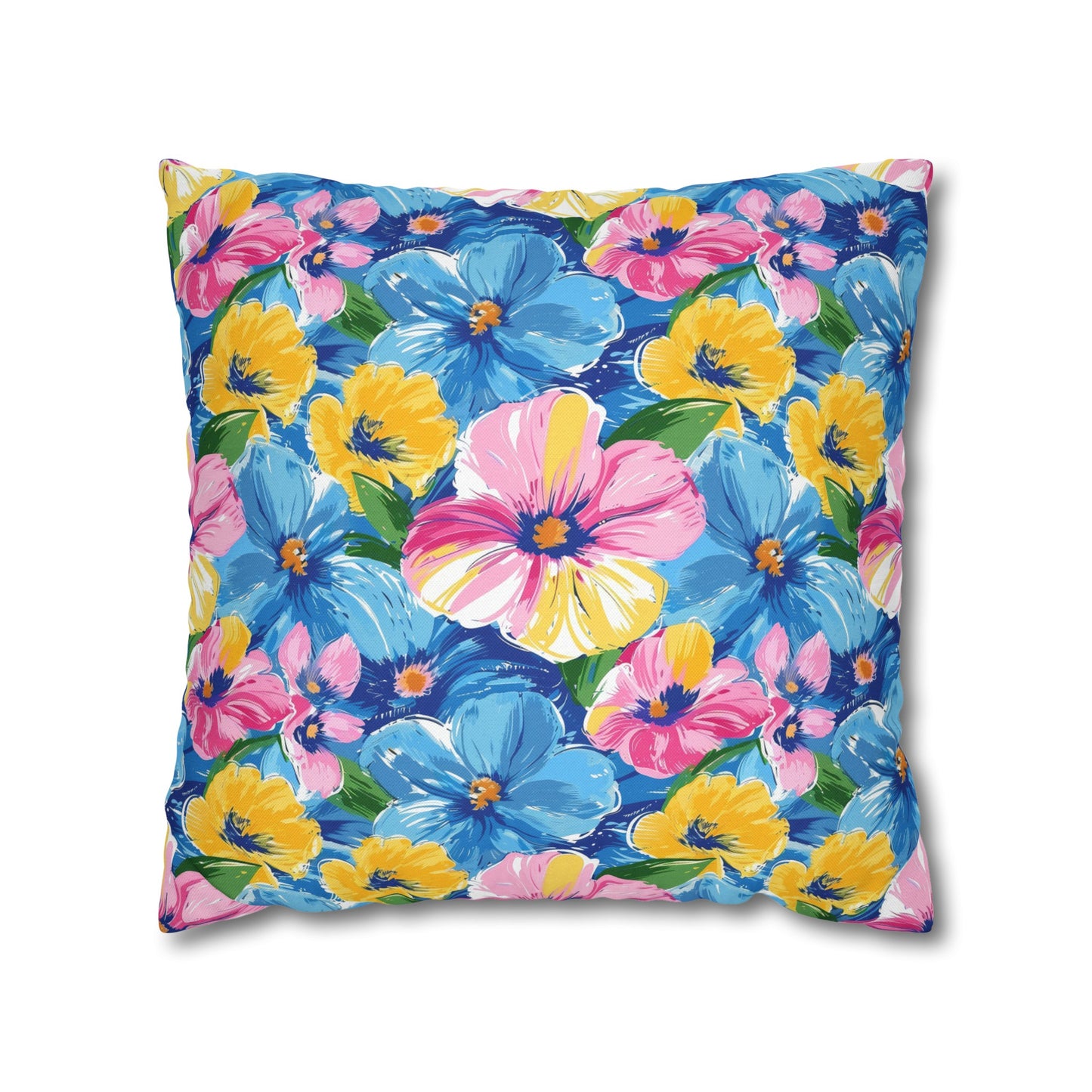 Sunny Serenade: Large Blooms of Yellow, Blue, and Gold in Watercolor Spun Polyester Square Pillowcase 4 Sizes