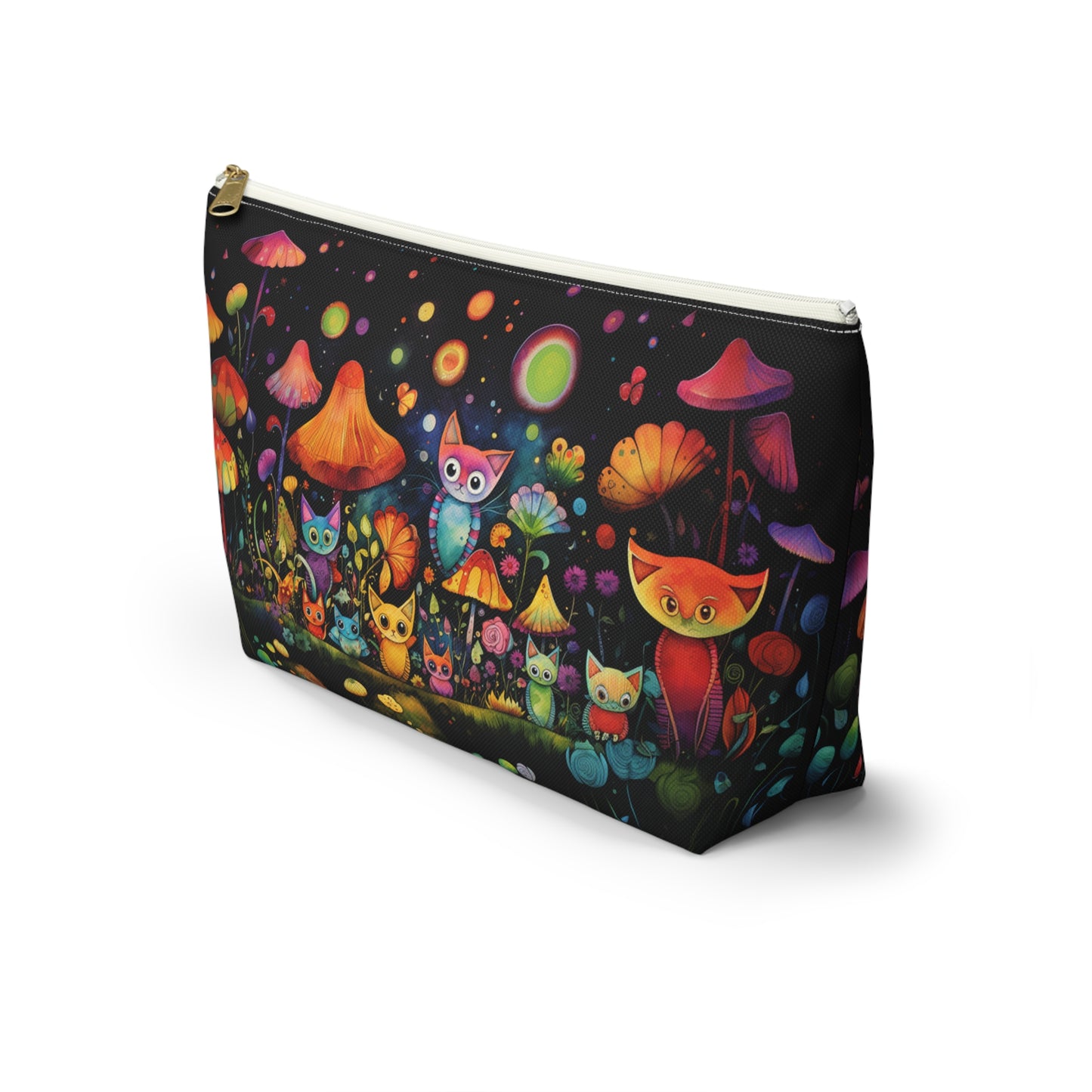 Mystical Cats Amidst a Garden of Flowers and Mushrooms, Beneath a Starry Sky - Makeup & Accessory Bag 2 Sizes