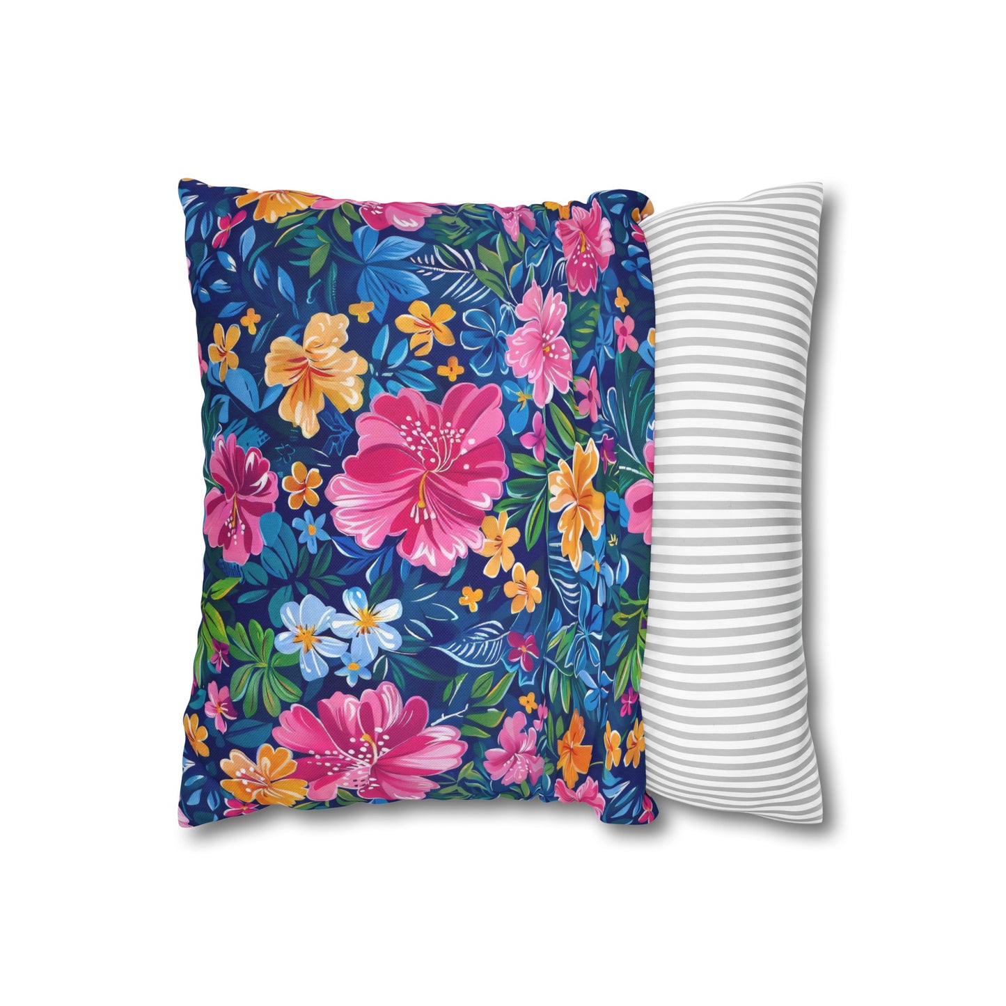 Tropical Sunrise Bloom: Pink Watercolor Flowers with Yellow and Blue Accents Spun Polyester Square Pillowcase 4 Sizes