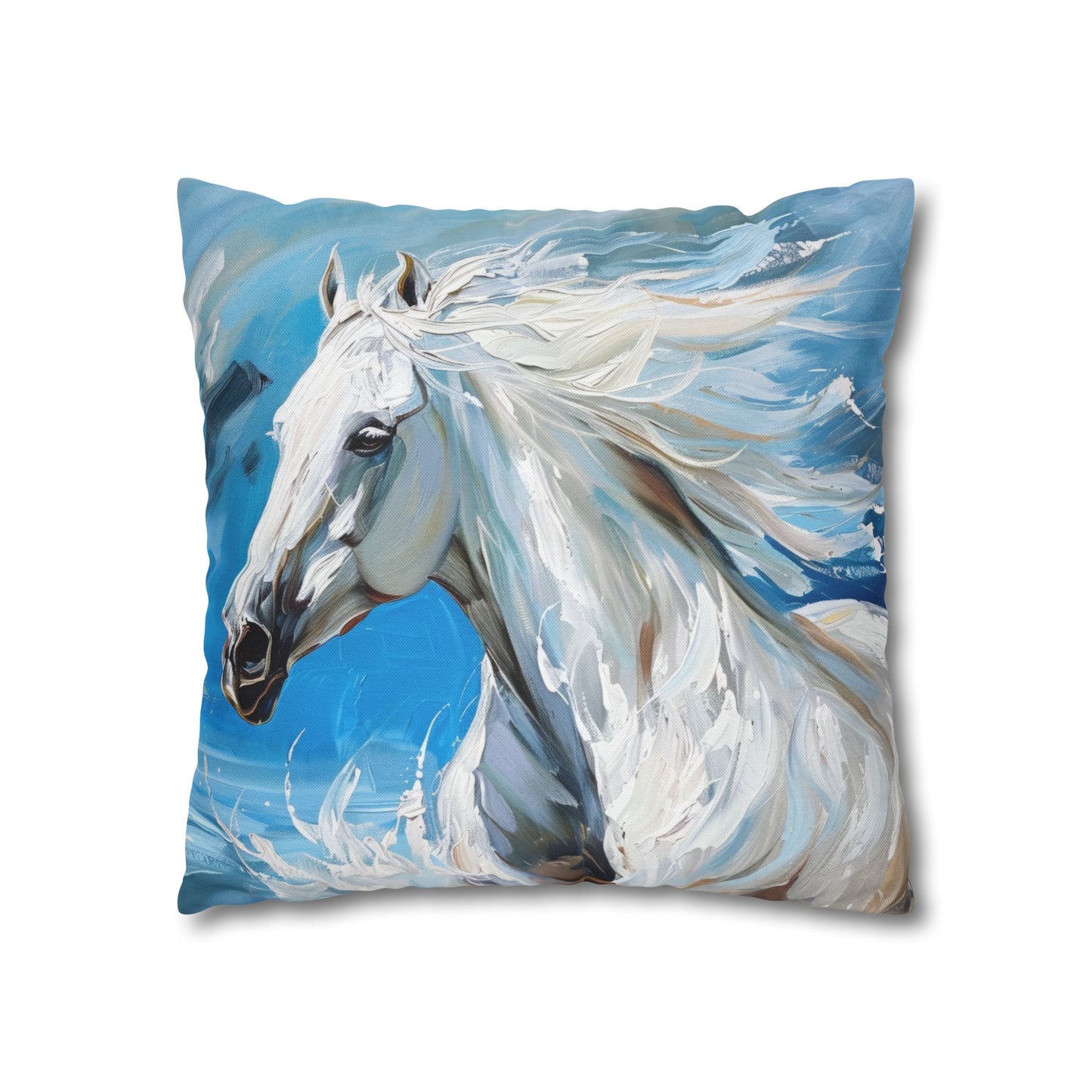 Majestic White Stallion Galloping Along the Oceans Edge Spun Polyester Square Pillowcase 4 Sizes