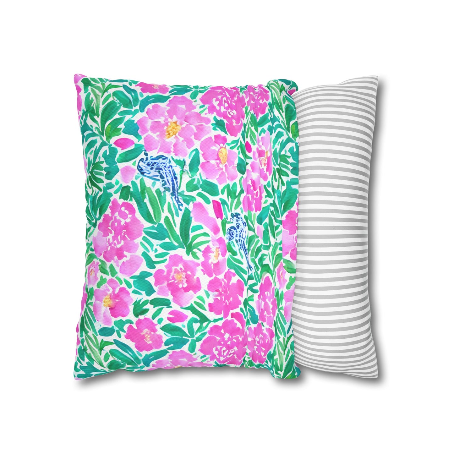 Springtime Whispers: Tiny Birds and Pink Blooms, Subtle Blue Accents, and Lush Green Leaves Spun Polyester Square Pillowcase 4 Sizes