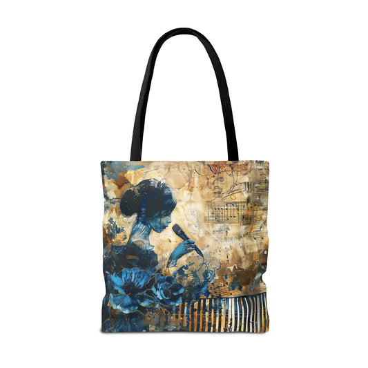 Nostalgic Harmony: Vintage Piano Music Accompanied by Blue Roses and Women Singing Canvas Tote Bag - 3 Sizes