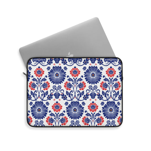 Charming Folk Blooms in Classic Polish Pottery Inspired Floral Pattern in Blue and Red Laptop or Ipad Protective Sleeve 3 Sizes Available