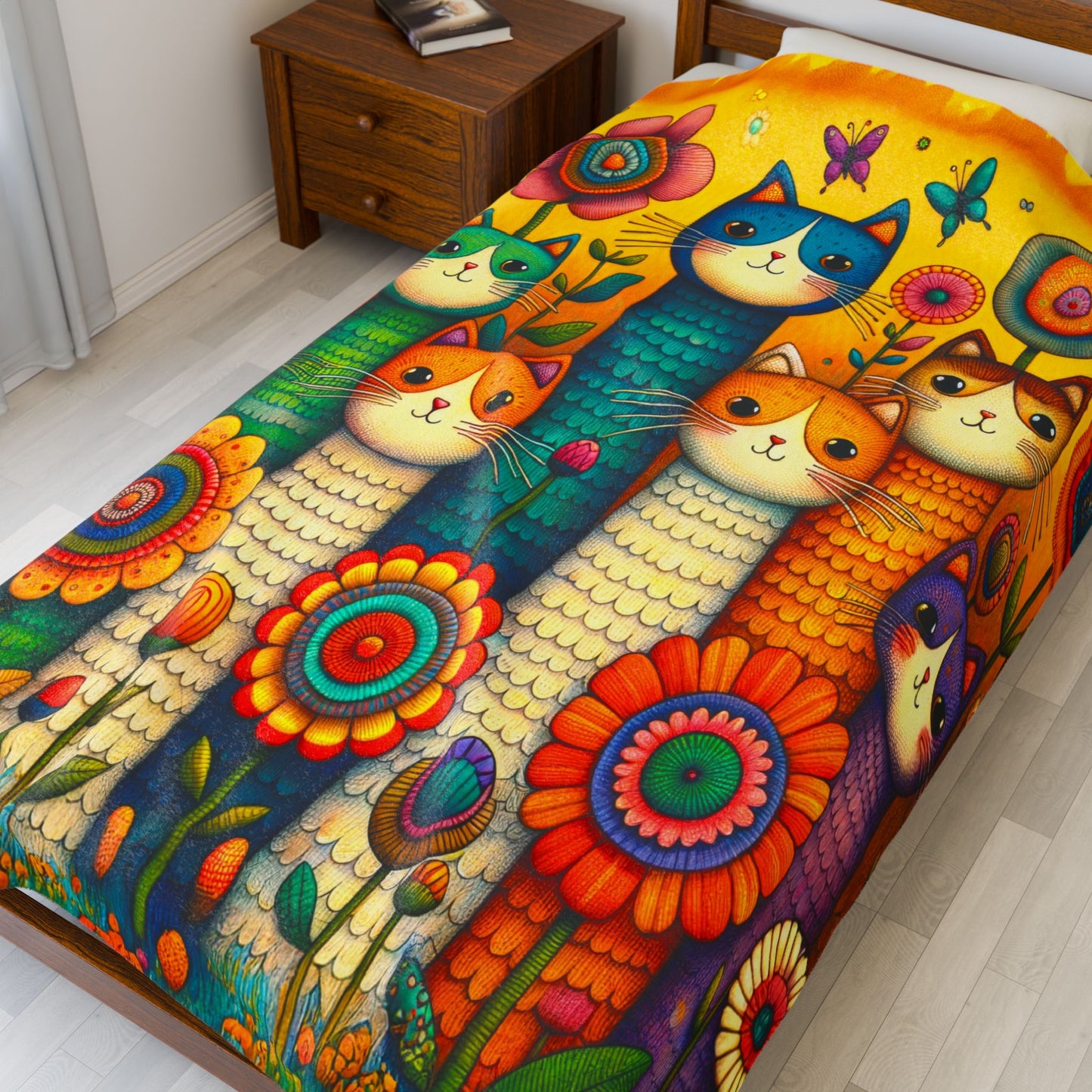Tall Cats and Flowers Print Velveteen Plush Blanket 3 Sizes