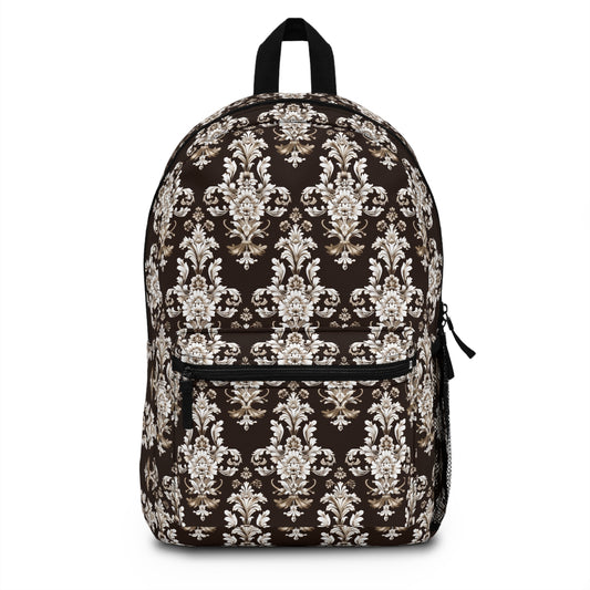 Elegant Rococo Pattern of Intricate Brown and White Floral Scroll Design Lightweight Stylish Durable Backpack (Made in USA)