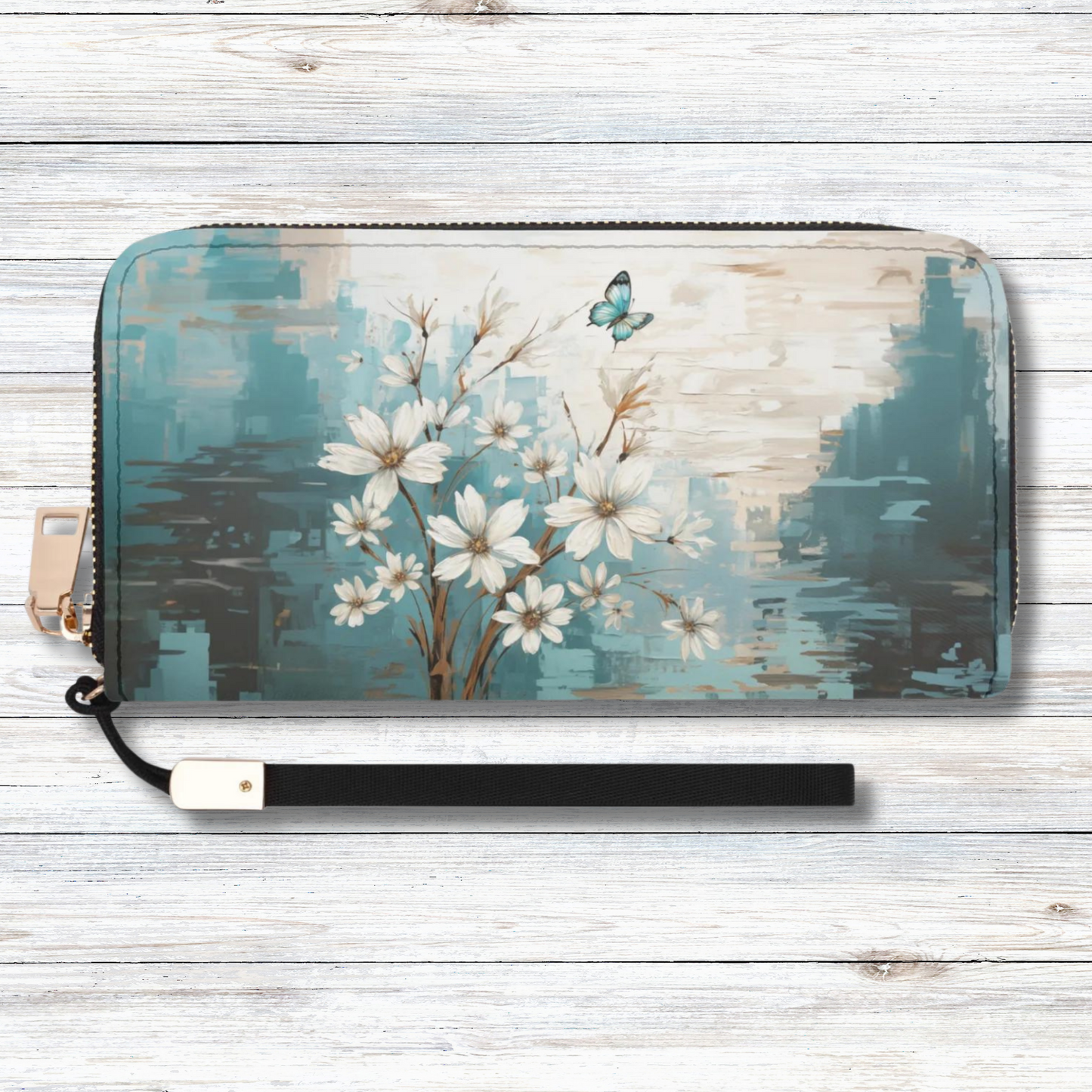 Rustic Farmhouse White and Teal Wild Daisies and Butterflies - Wristlet Wallet Leather (PU)