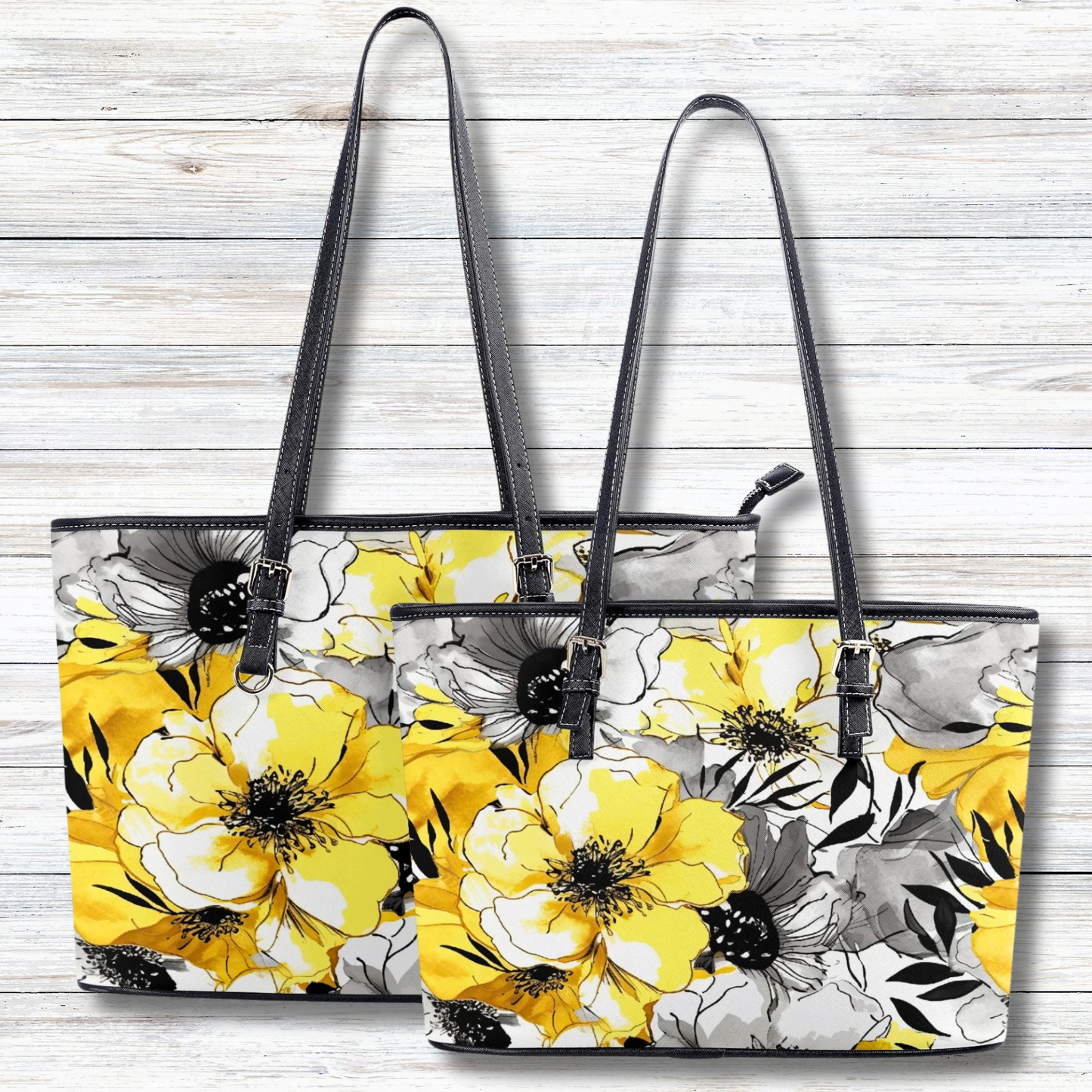 Soothing Radiance: Large Yellow and Grey Watercolor Flower Design Professional Tote Bag Faux Leather (PU) - 2 Sizes