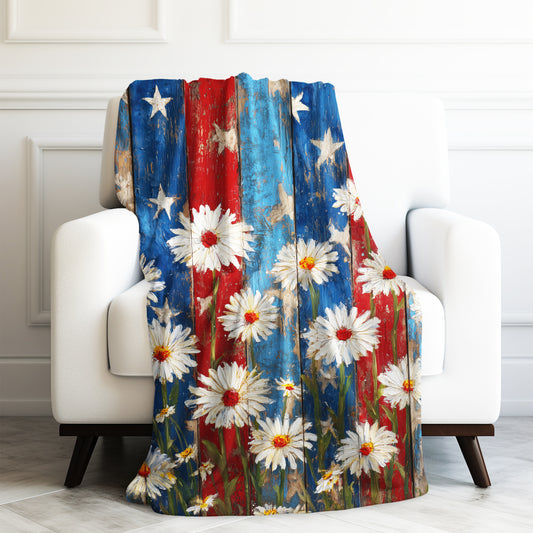 Rustic Spring Flowers with Star and Stripes Velveteen Plush Blanket 3 Sizes