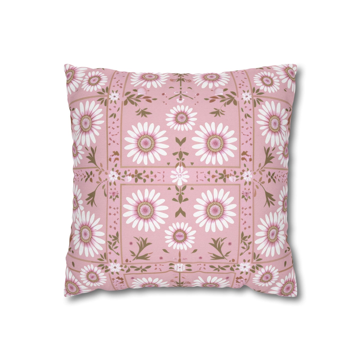 Charming Daisy Pink and White Floral Tile Pattern Spun Polyester Square Pillowcase 4 Sizes