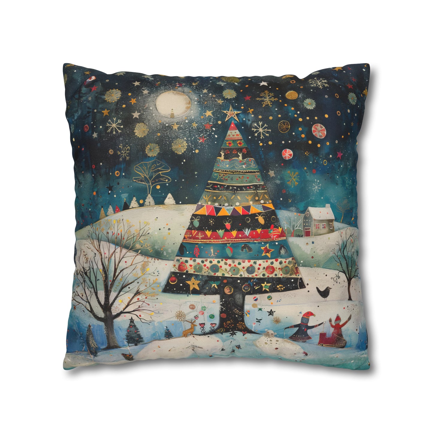 Nighttime Delights: Folk Art Christmas Tree Illuminating a Town, with Joyful Children Playing Below Spun Polyester Square Pillowcase 4 Sizes