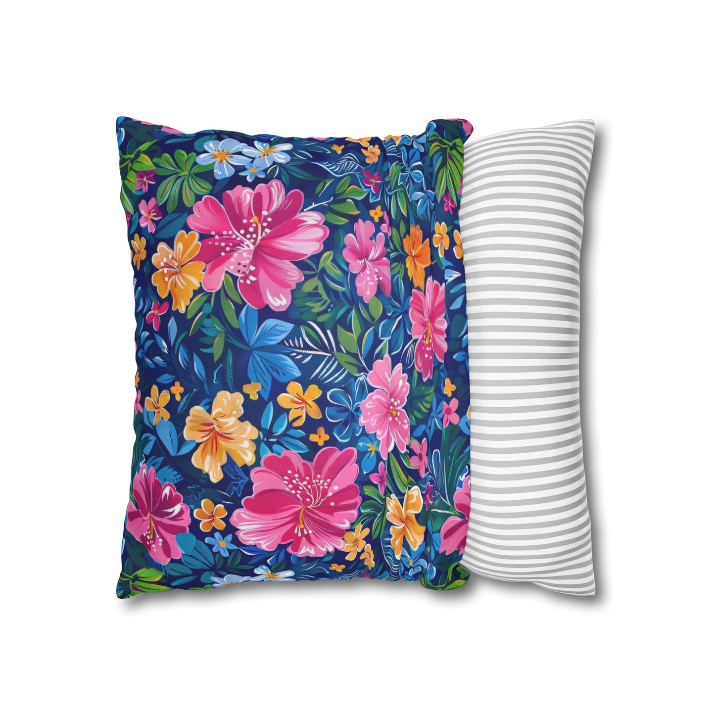 Tropical Sunrise Bloom: Pink Watercolor Flowers with Yellow and Blue Accents Spun Polyester Square Pillowcase 4 Sizes