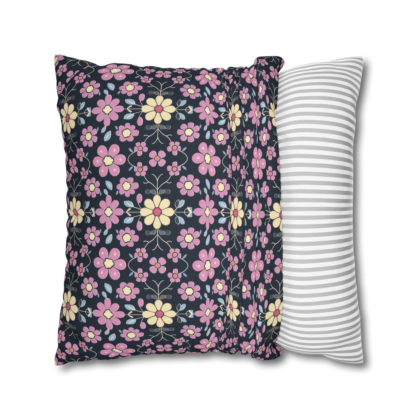 Charming Pastel Pink and Yellow Flowers on Navy Blue Background Spun Polyester Square Pillowcase 4 Sizes