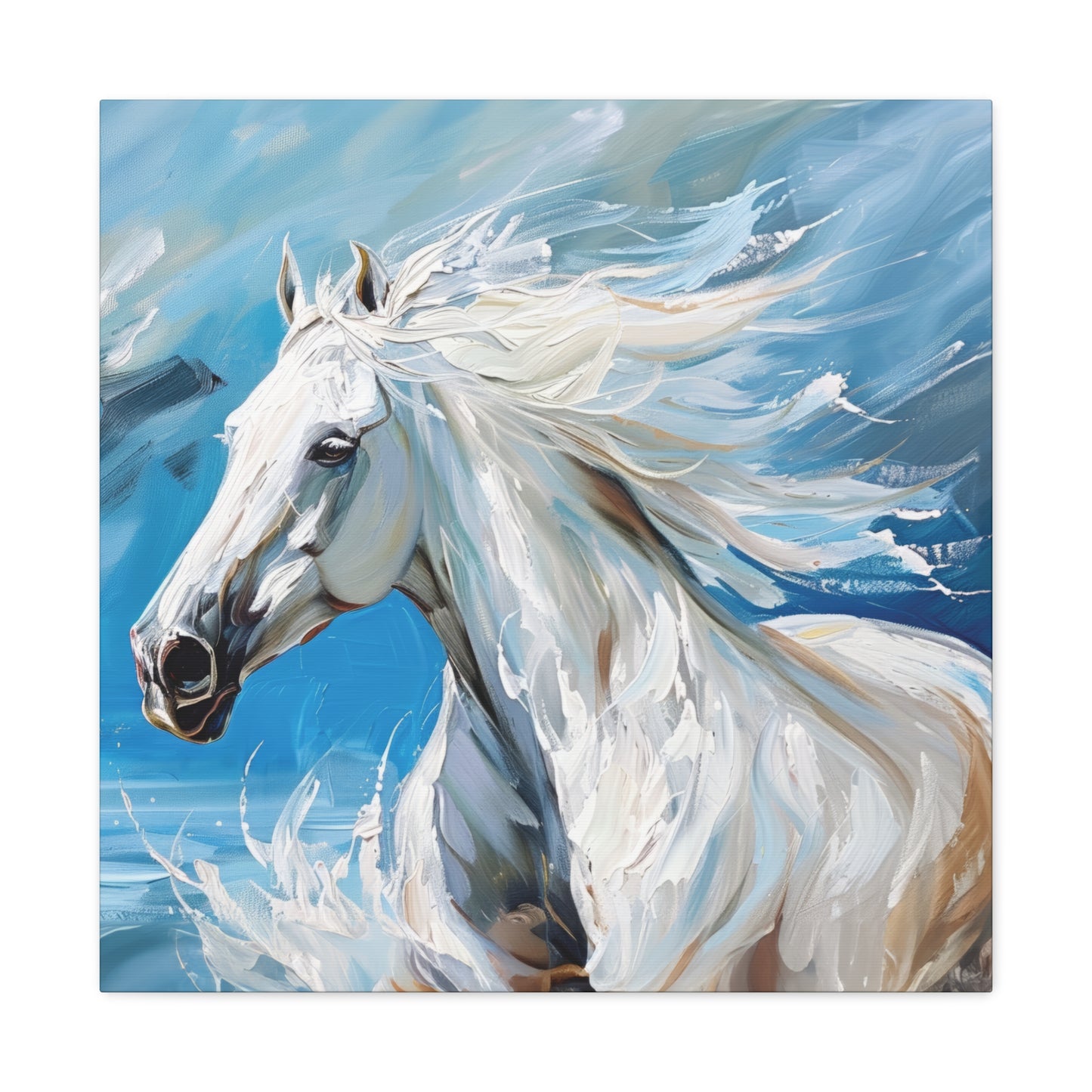 Majestic White Stallion Galloping Along the Ocean's Edge Print on Canvas Gallery - 4 Sizes