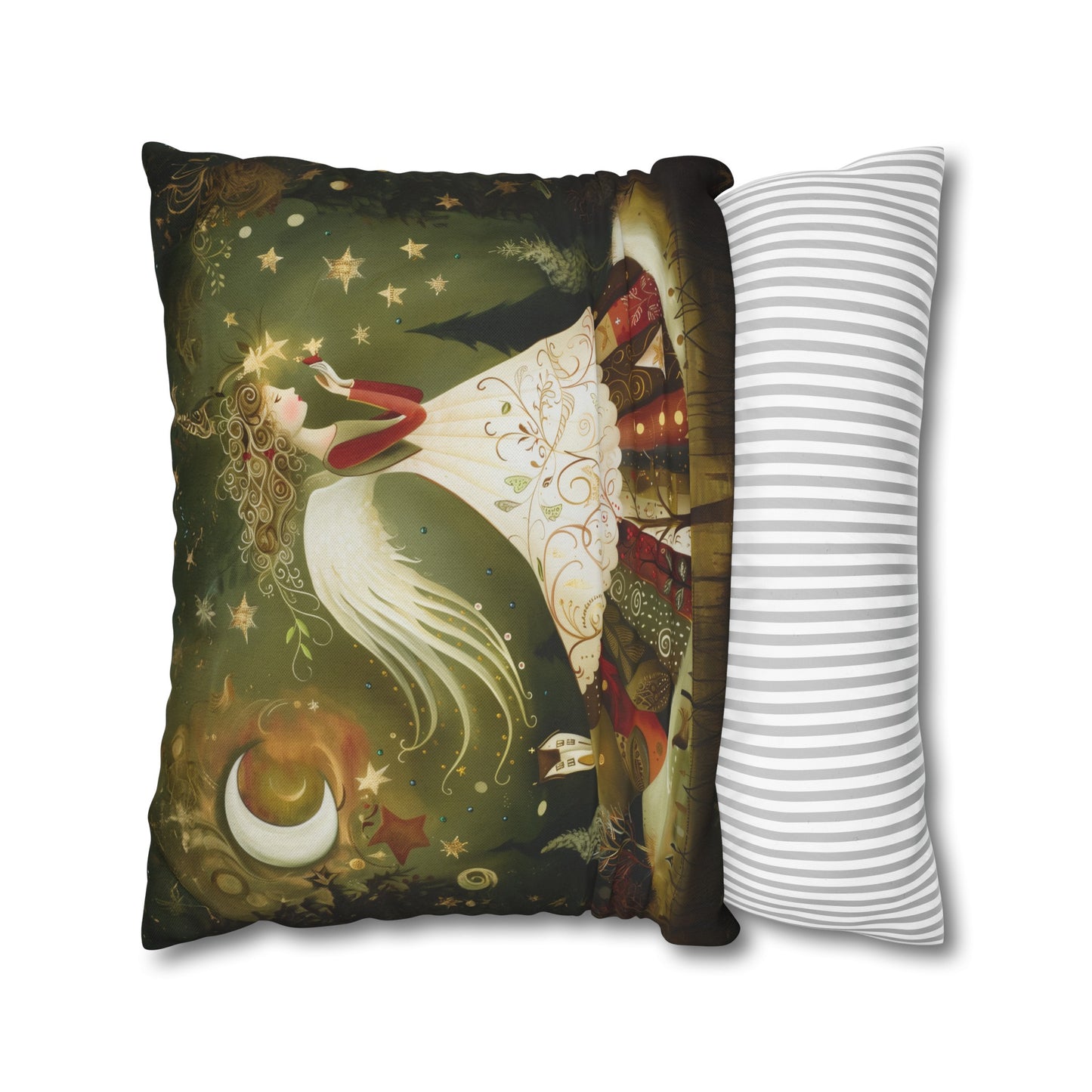 Christmas Angel in Tapestry Dress Amidst a Starlit Forest Spun Polyester Square Pillowcase 4 Sizes