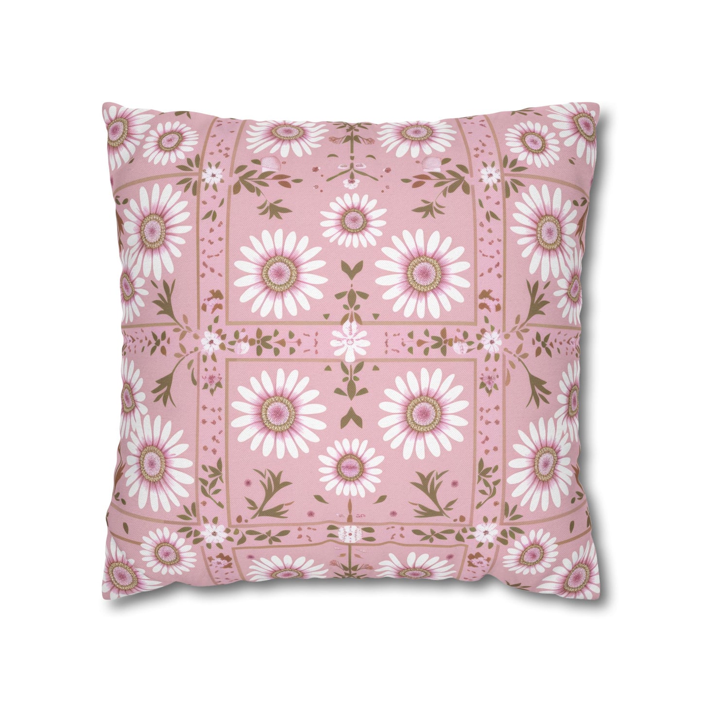 Charming Daisy Pink and White Floral Tile Pattern Spun Polyester Square Pillowcase 4 Sizes