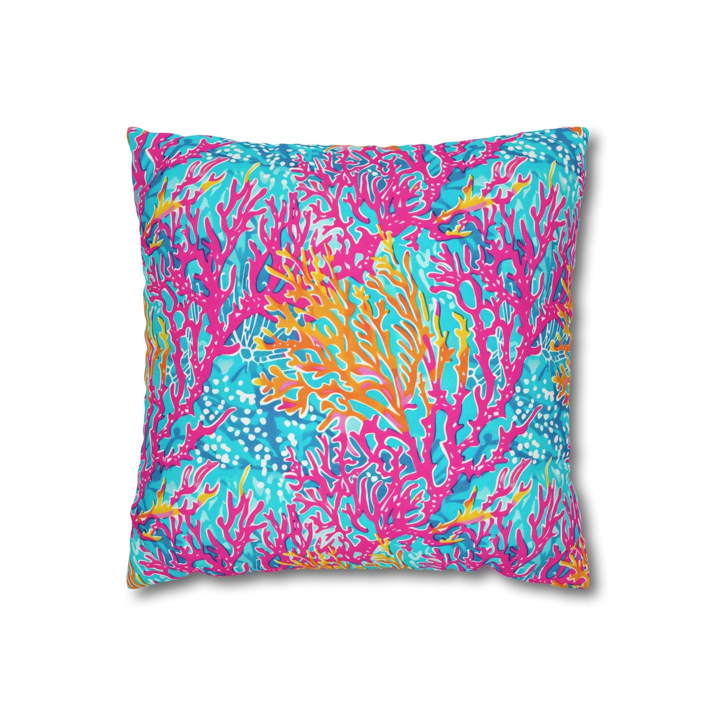 Coral Symphony: Bright Pink, Yellow, and Coral Dancing in the Blue Ocean Spun Polyester Square Pillowcase 4 Sizes