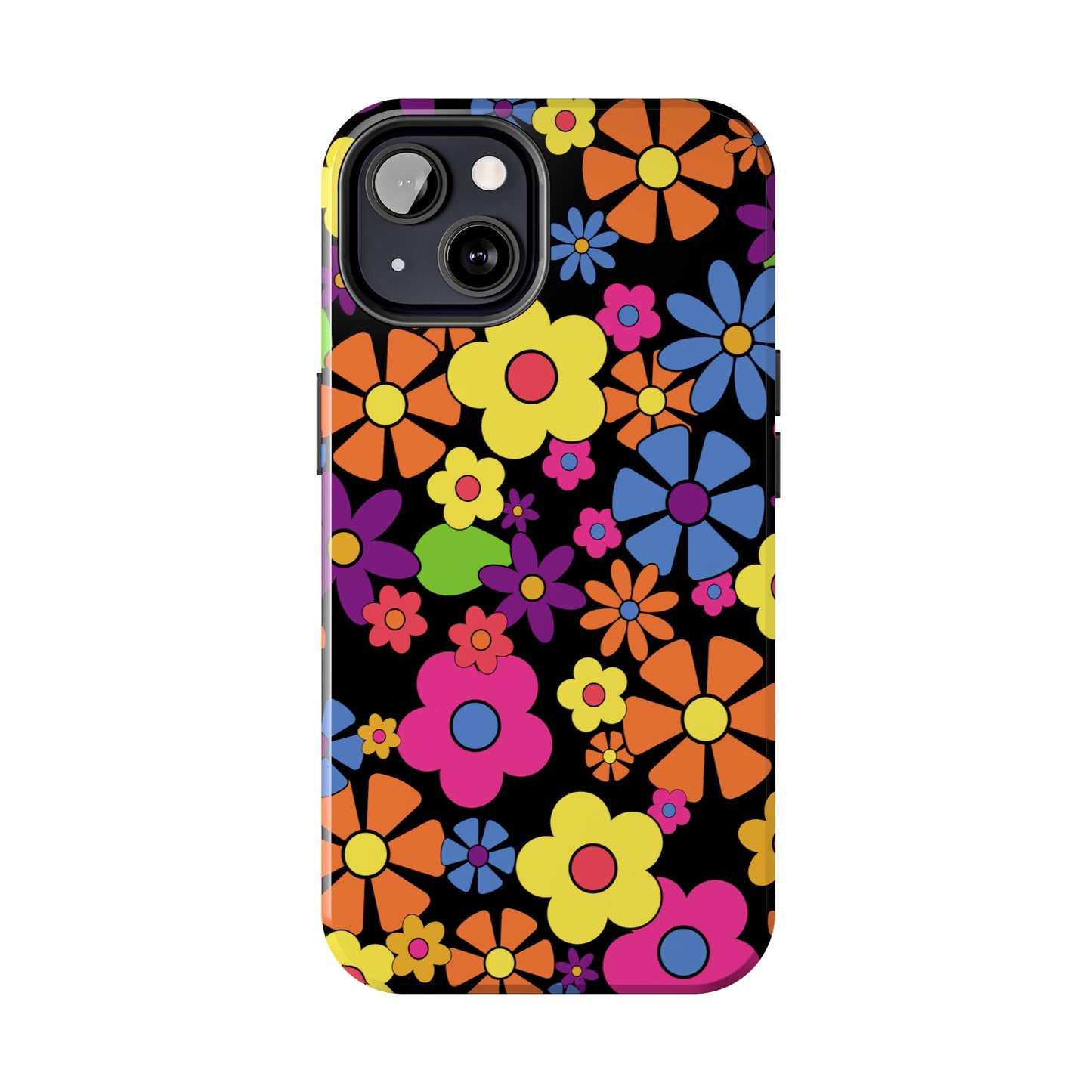 Flower Power Design on Black Background Iphone Tough Phone Case