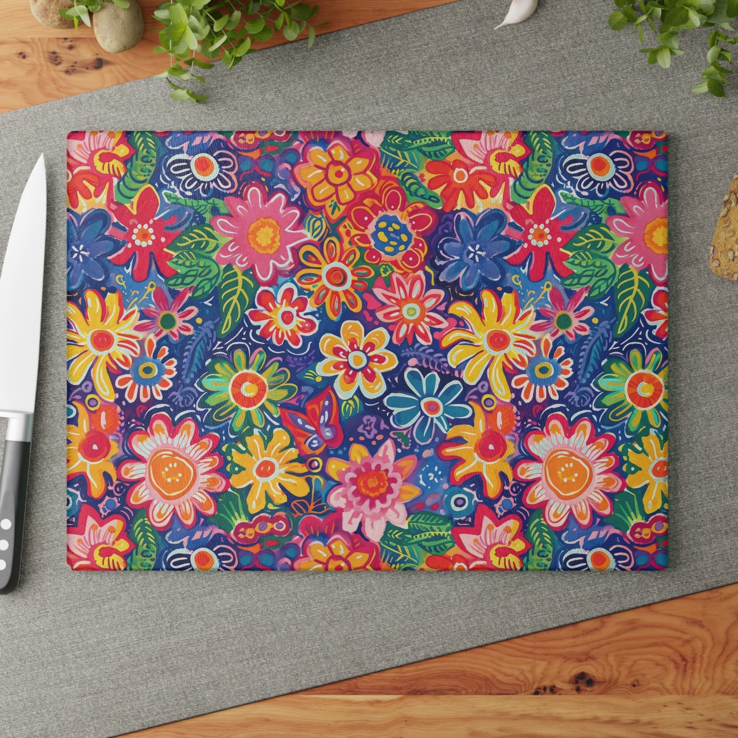 Fluttering Kaleidoscope: Vibrant Multicolor Flowers and Butterflies in Flight Cutting Board 2 Sizes