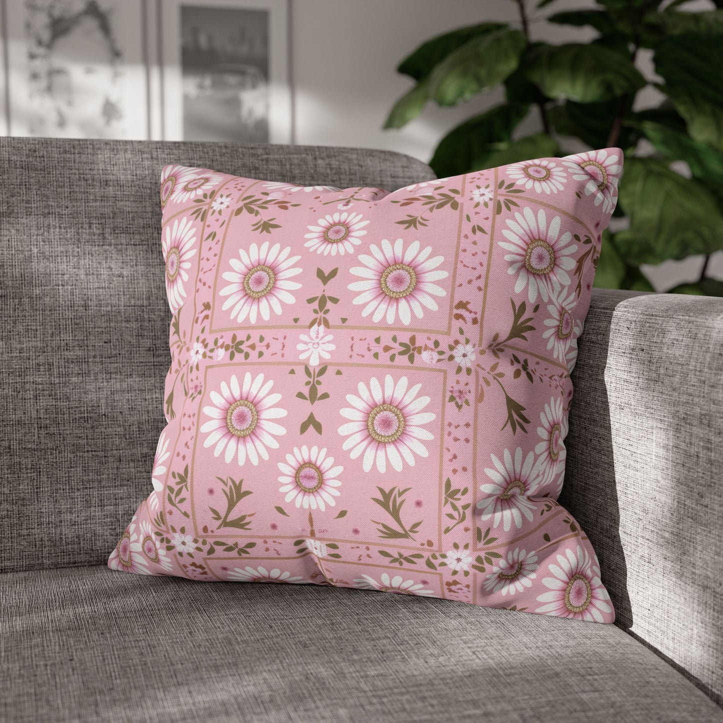 Charming Daisy Pink and White Floral Tile Pattern Spun Polyester Square Pillowcase 4 Sizes