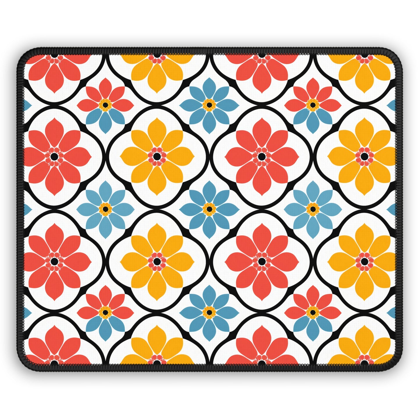 Retro Vintage Flowers in Bold Pink Blue and Orange Gaming Mouse Pad with Finished Edges