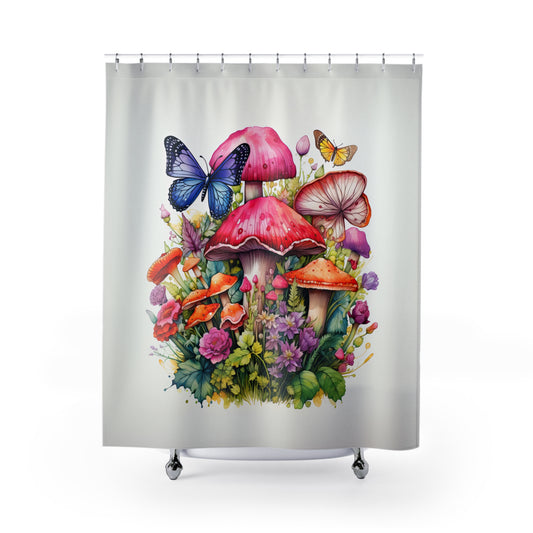 Magical Mushroom Oasis Where Flowers Bloom Amongst Butterflies Bathroom Shower Curtain   71" × 74"