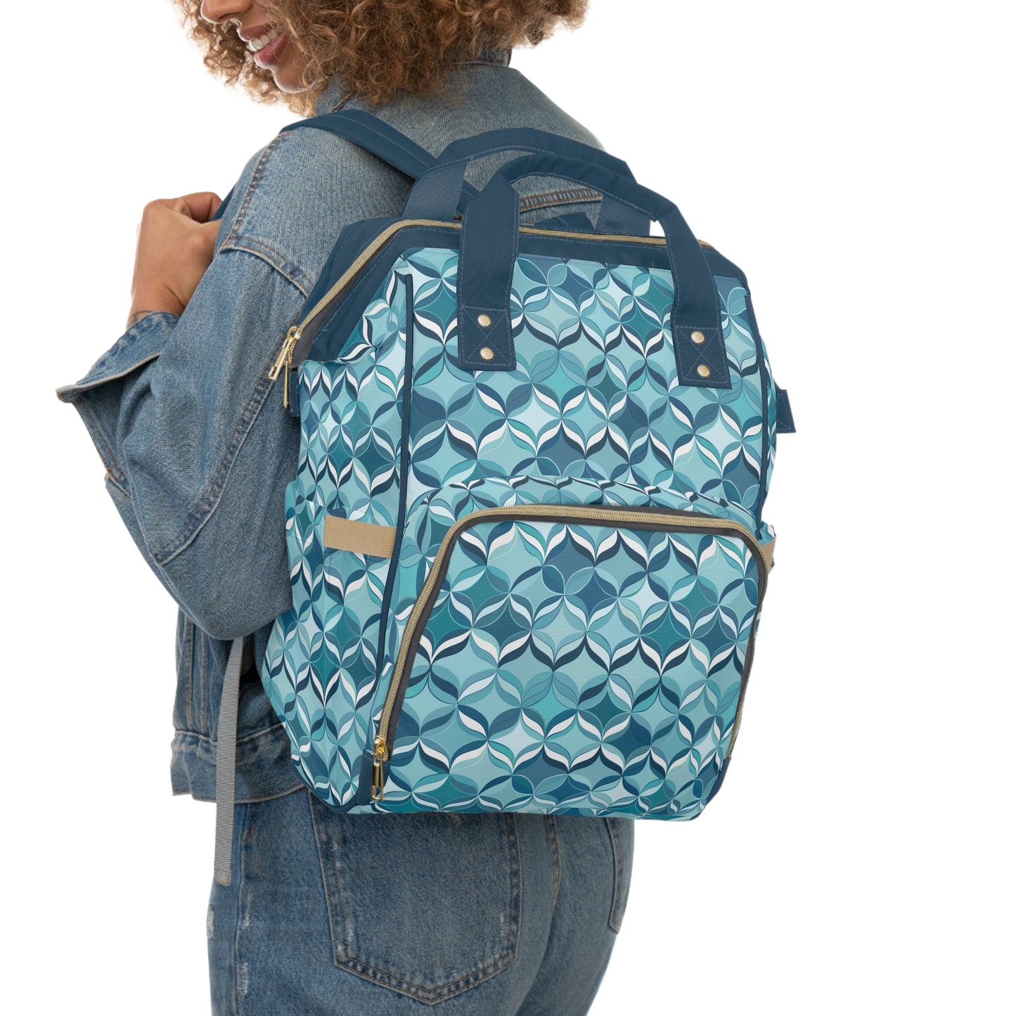 Modern Chic Aqua and Cream Geometric Pattern Multifunctional Diaper Backpack